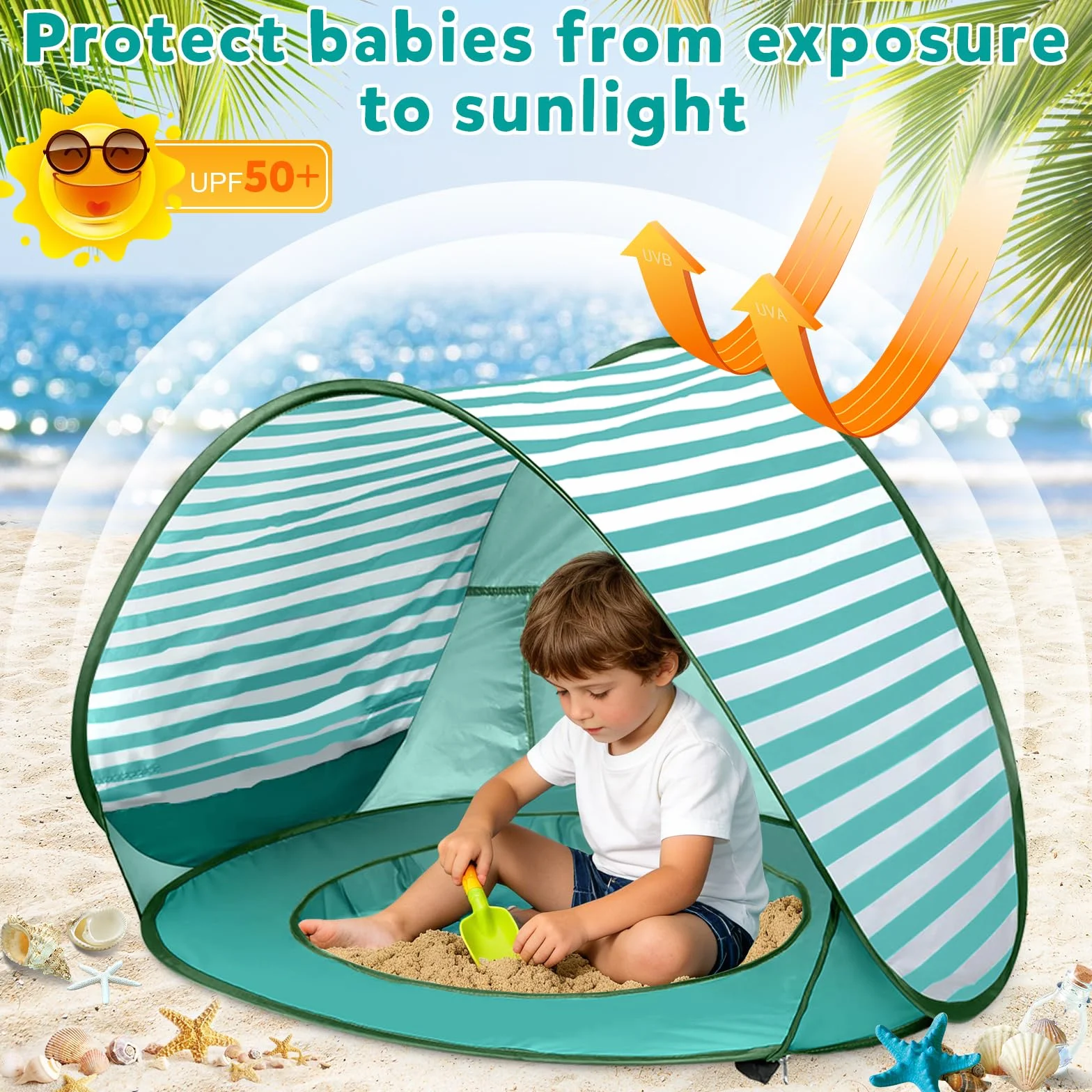 Namiot Plażowy dla Dzieci Automatyczny, Namiot Plażowy z Minibasenikiem, Ochrona UV UPF 50+, Przenośny Namiot Plażowy dla Dzieci Na Plażę, Kemping, do Ogrodu, Worek do Przechowywania w Zestawie
