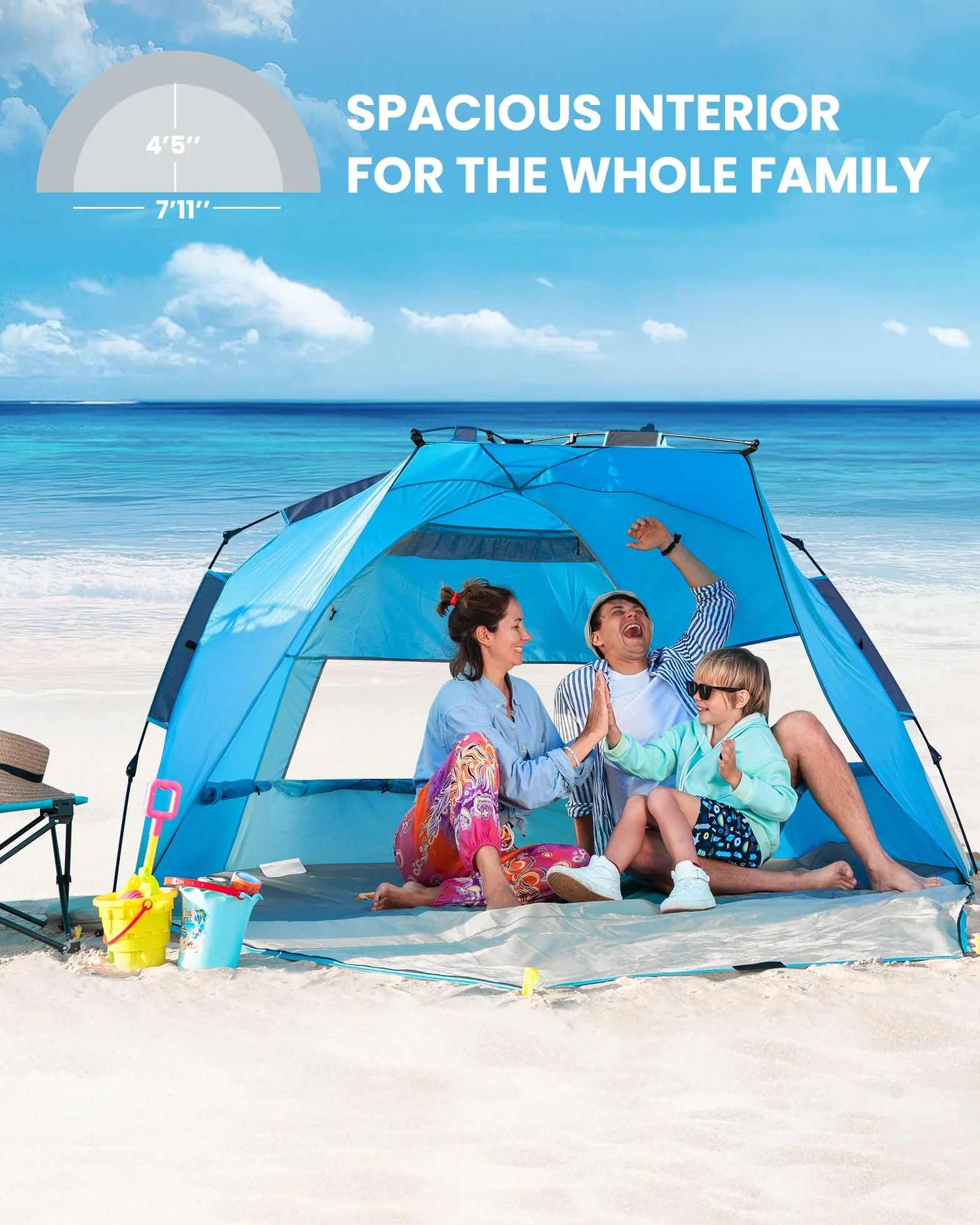 OutdoorMaster Pop Up 3-4-osobowy namiot plażowy XL, łatwy montaż, przenośny żagiel plażowy, składany żagiel przeciwsłoneczny z ochroną UV UPF 50+, zdejmowany świetlik, rozmiar rodzinny (niebieski)
