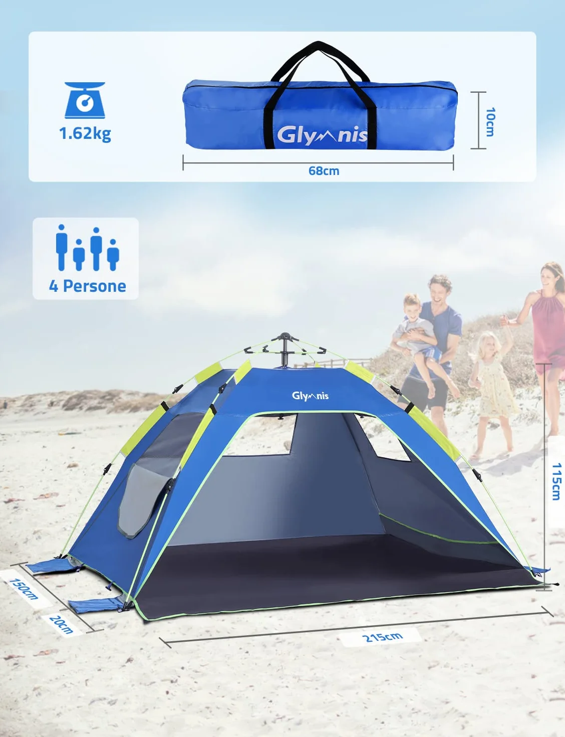 Glymnis Namiot Plażowy Quick Up - Namiot Plażowy z Zamkiem Błyskawicznym, Ochrona przed Promieniowaniem UV 50+, Mały Rozmiar Po Spakowaniu, Dla 3-4 Osób