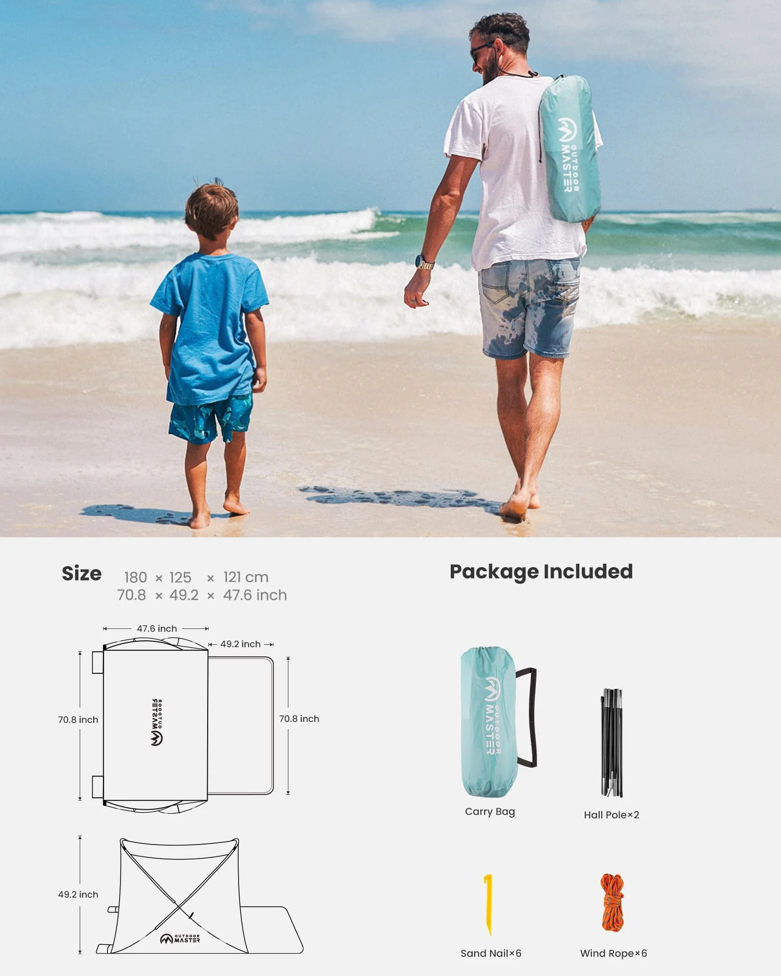 OutdoorMaster Namiot plażowy dla 3-4 osób, łatwy montaż i przenośny, baldachim przeciwsłoneczny z ochroną UPF 50+, zdejmowany świetlik, rozmiar rodzinny, jasnozielony