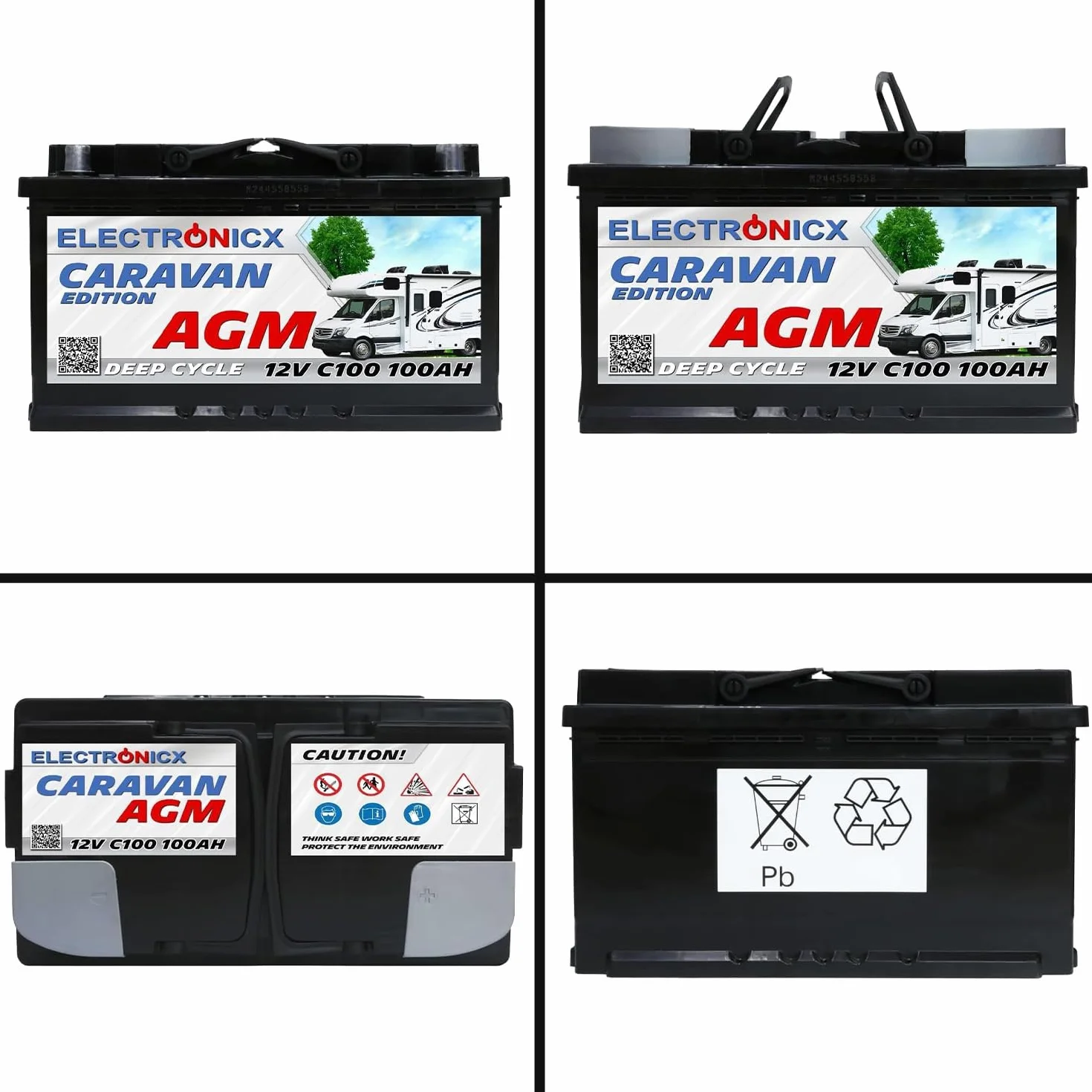 Electronicx AGM CARAVAN akumulator zasilający 12V 100Ah / 100 Ah Deep Cycle – zamknięty, biegun dodatni po prawej stronie-do kampera,systemów solarnych-akumulator cykliczny do zastosowań rekreacyjnych