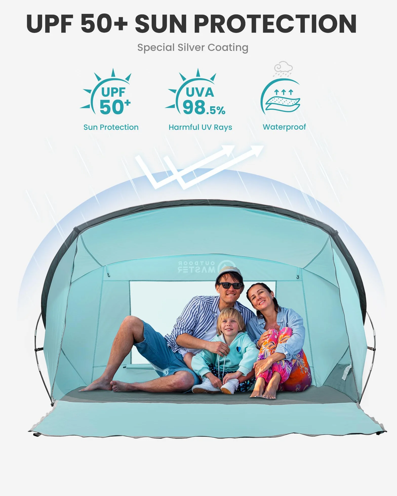 OutdoorMaster Namiot plażowy dla 3-4 osób, łatwy montaż i przenośny, baldachim przeciwsłoneczny z ochroną UPF 50+, zdejmowany świetlik, rozmiar rodzinny, jasnozielony