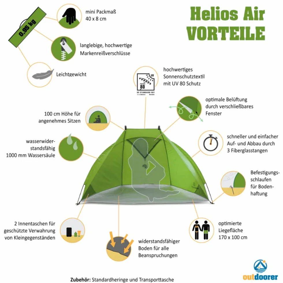 outdoorer Helios Air namiot plażowy z ochroną UV 80 i zamykanym oknem, do podróży (zielony)