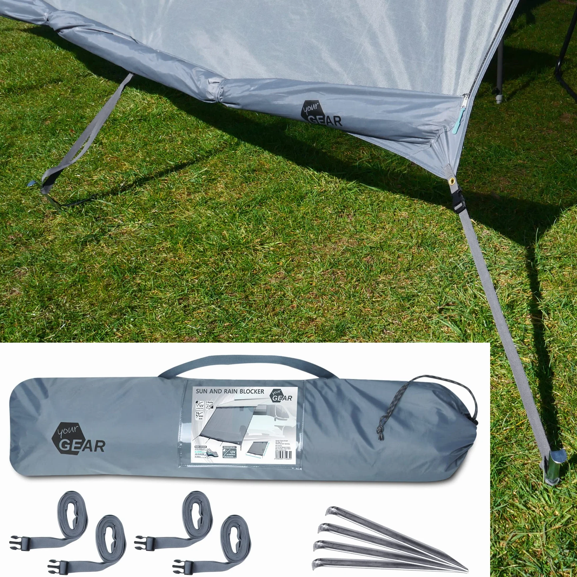 your GEAR Sun & Rain Blocker – przednia ścianka markizy lub ściany boczne do markizy – różne rozmiary – ochrona UPF 50+, słup wody 5000 mm, 3 paski o Ø 4,3 6,2 i 7 mm, szerokości od 240 do 480 cm