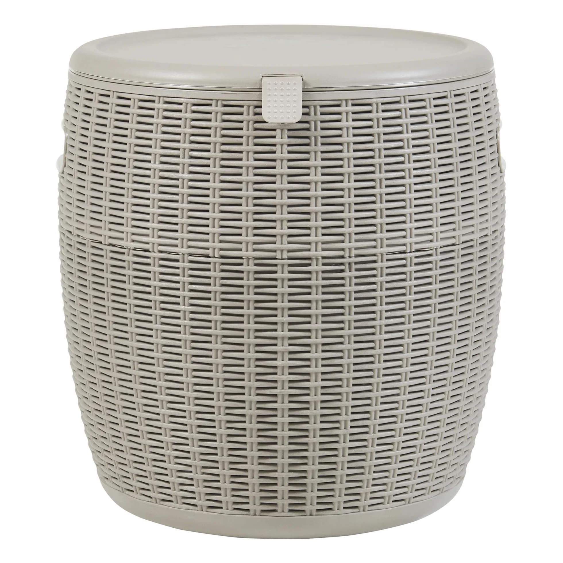 casa.pro Skrzynka chłodnicza Avetrana 4-w-1 stół pomocniczy na zewnątrz, stołek, 37 L, skrzynka ogrodowa, 44 x Ø40 cm, chłodzi napoje, stół ogrodowy, imitacja rattanu, jasnobrązowa