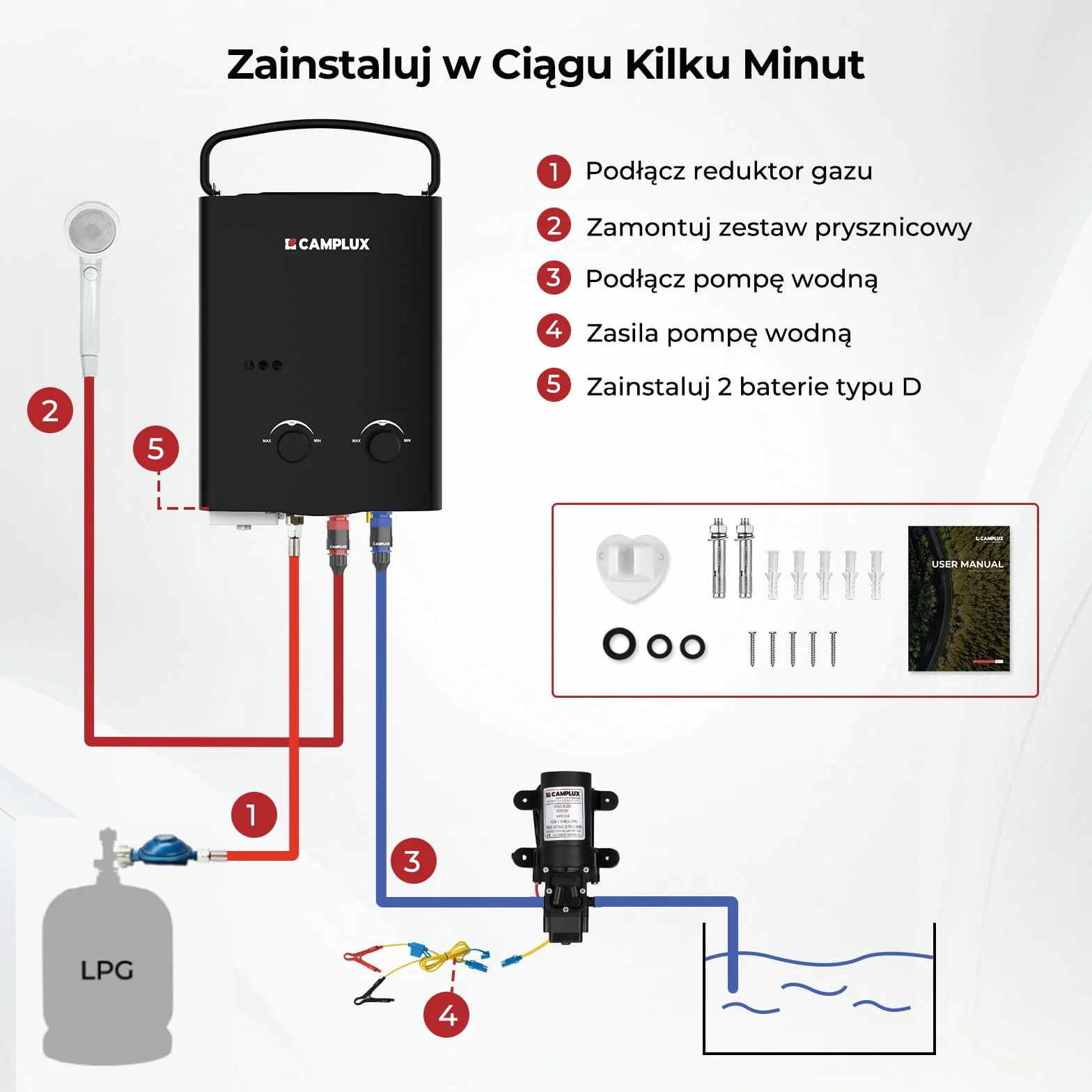 CAMPLUX AY132BP43-DE 5L Gazowy Podgrzewacz Wody z Pompką Wodną 12V, 10kW