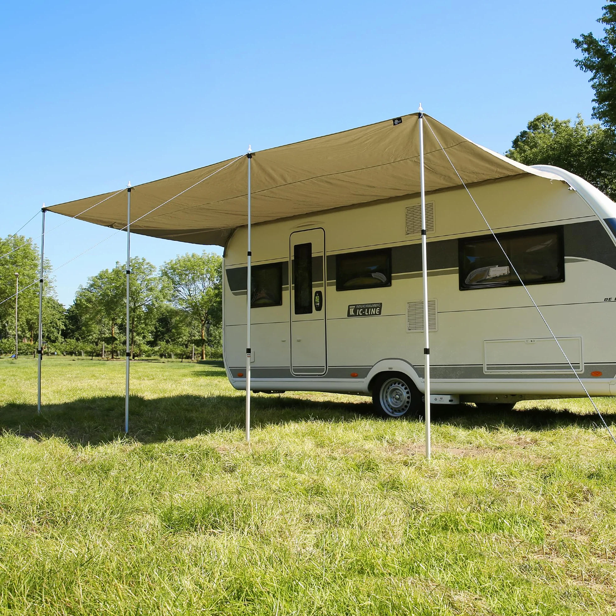 your GEAR Caravan Tarp TC dach przeciwsłoneczny do przyczepy kempingowej, wodoszczelny, bawełniany żagiel przeciwsłoneczny z UV 50+, aluminiowe drążki teleskopowe, w 5 rozmiarach (beżowy/piaskowy, 500