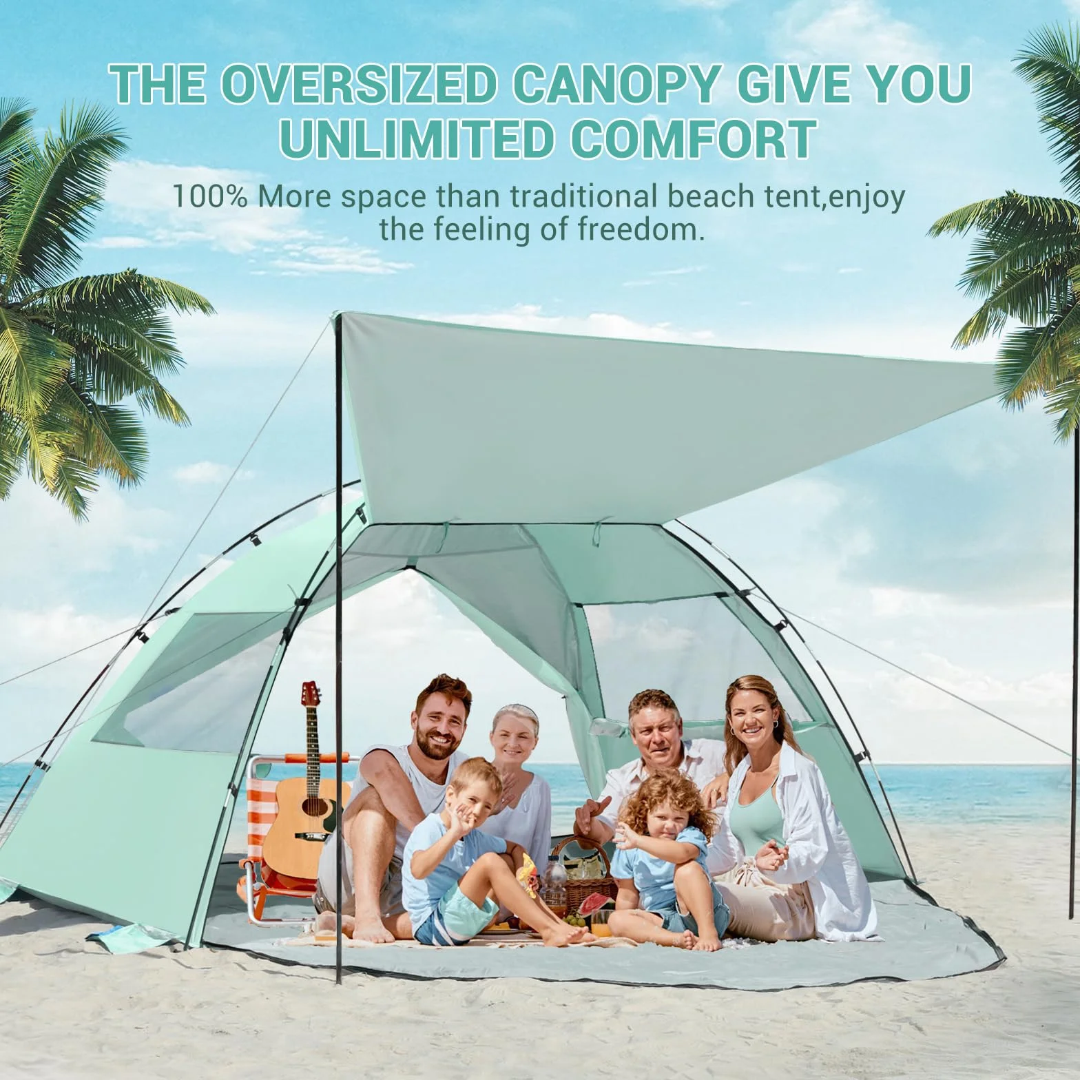 Elegear Namiot plażowy dla 4-5 osób z bardzo dużym zadaszeniem, przenośny namiot przeciwsłoneczny z ochroną UV UPF 50+, osłona plażowa z rozkładaną werandą, łatwy montaż namiotu przeciwsłonecznego na