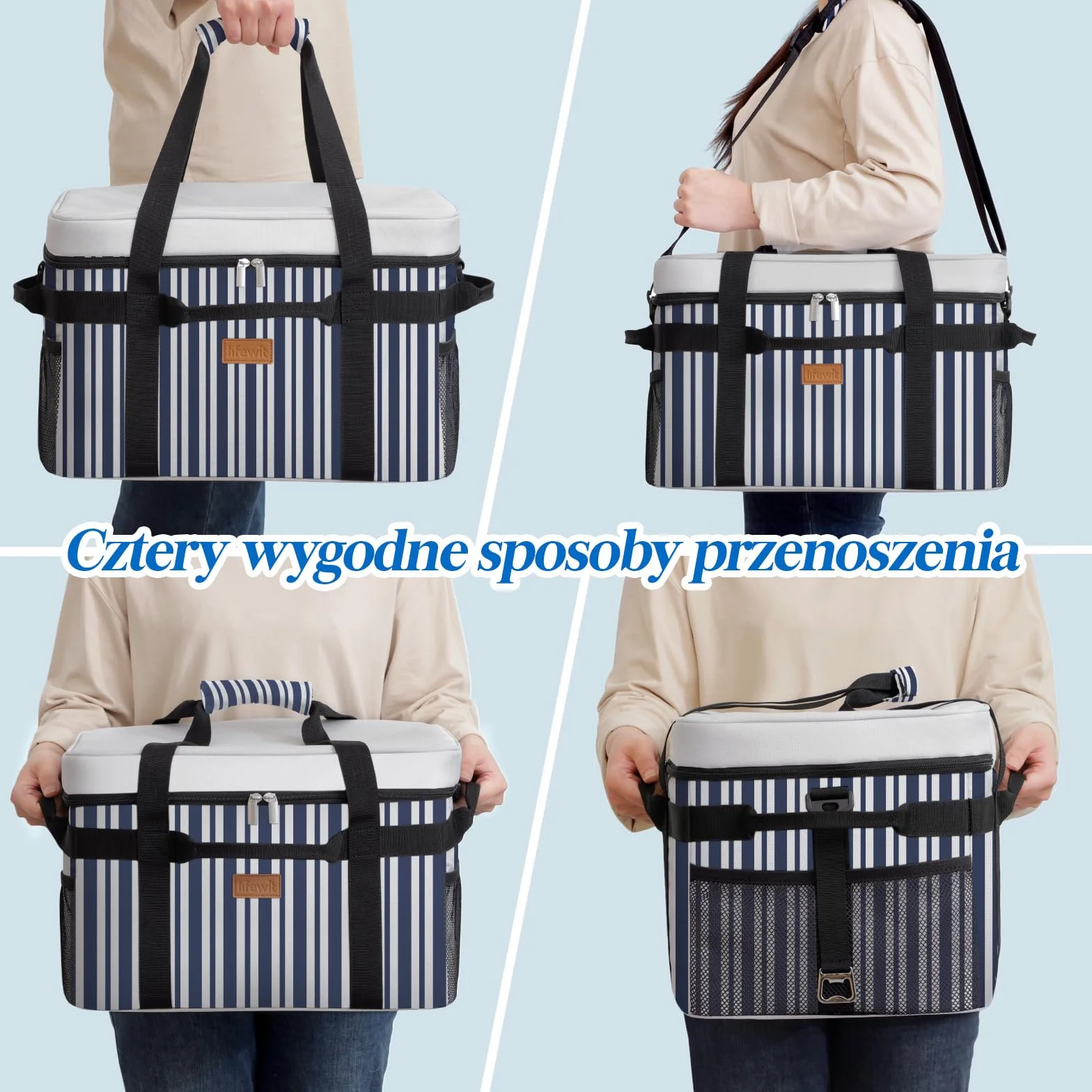 Lifewit Torba Termiczna 30L, Duża Torba na Lunch Izolowana, Lunch Box Dla Kobiet Mężczyzn, Cooler Bag Przenośna z Wieloma Uchwytami na Piknik Camping Grill, Niebiesko-szare Paski
