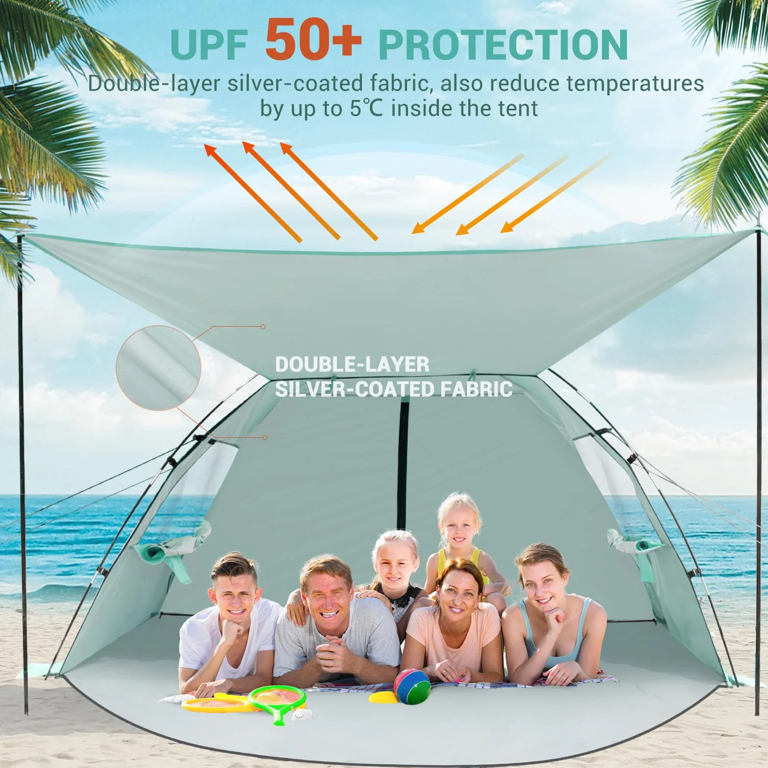 Elegear Namiot plażowy dla 4-5 osób z bardzo dużym zadaszeniem, przenośny namiot przeciwsłoneczny z ochroną UV UPF 50+, osłona plażowa z rozkładaną werandą, łatwy montaż namiotu przeciwsłonecznego na