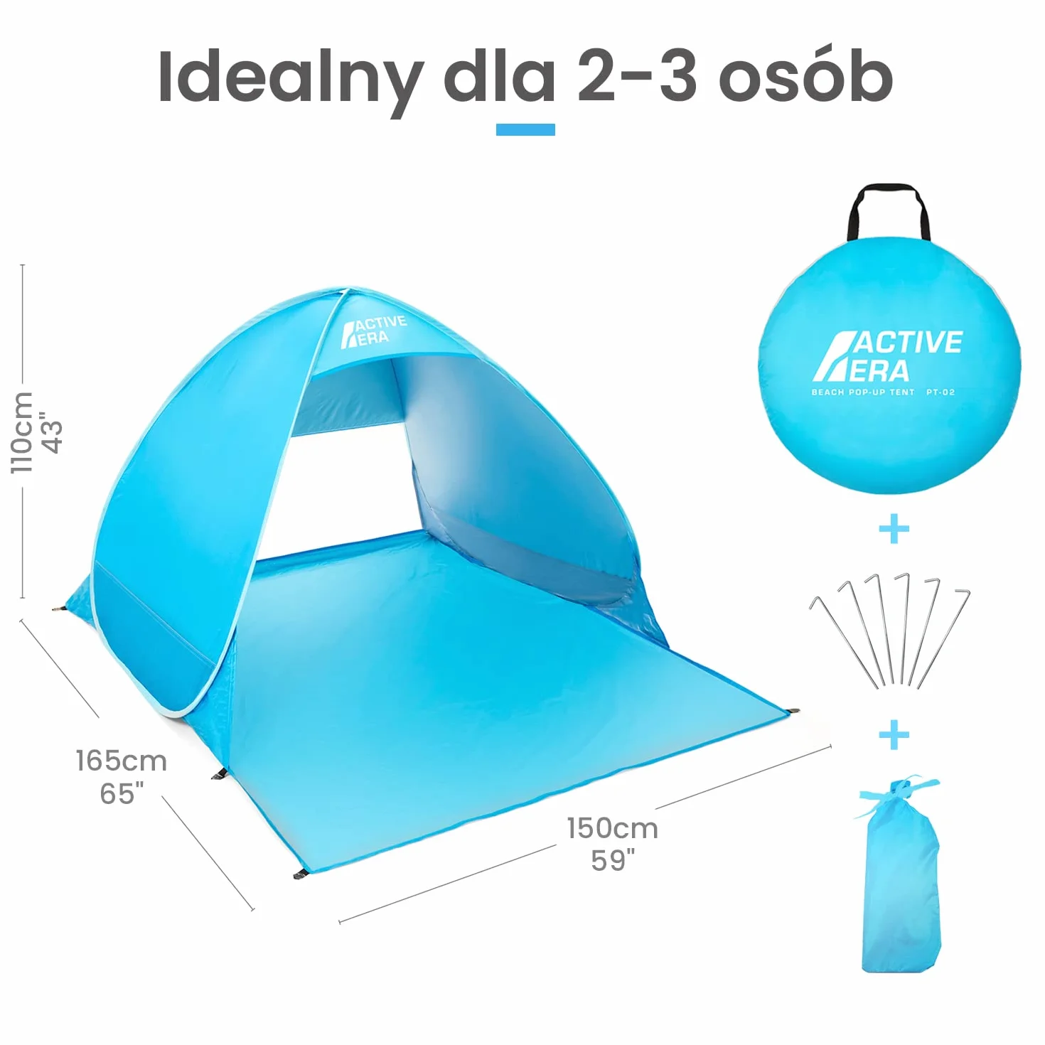 Active Era Namiot Plażowy Pop-Up, Samorozkładający, 2 3 Osobowy, Ogrodowy Dla Dzieci Na Plażę Dorosłych, Kempingowy Rozkładany Lekki Przeciwsłoneczny UPF 50+, z Moskitierą, Osłona przed Promieniowaniem, Niebieski
