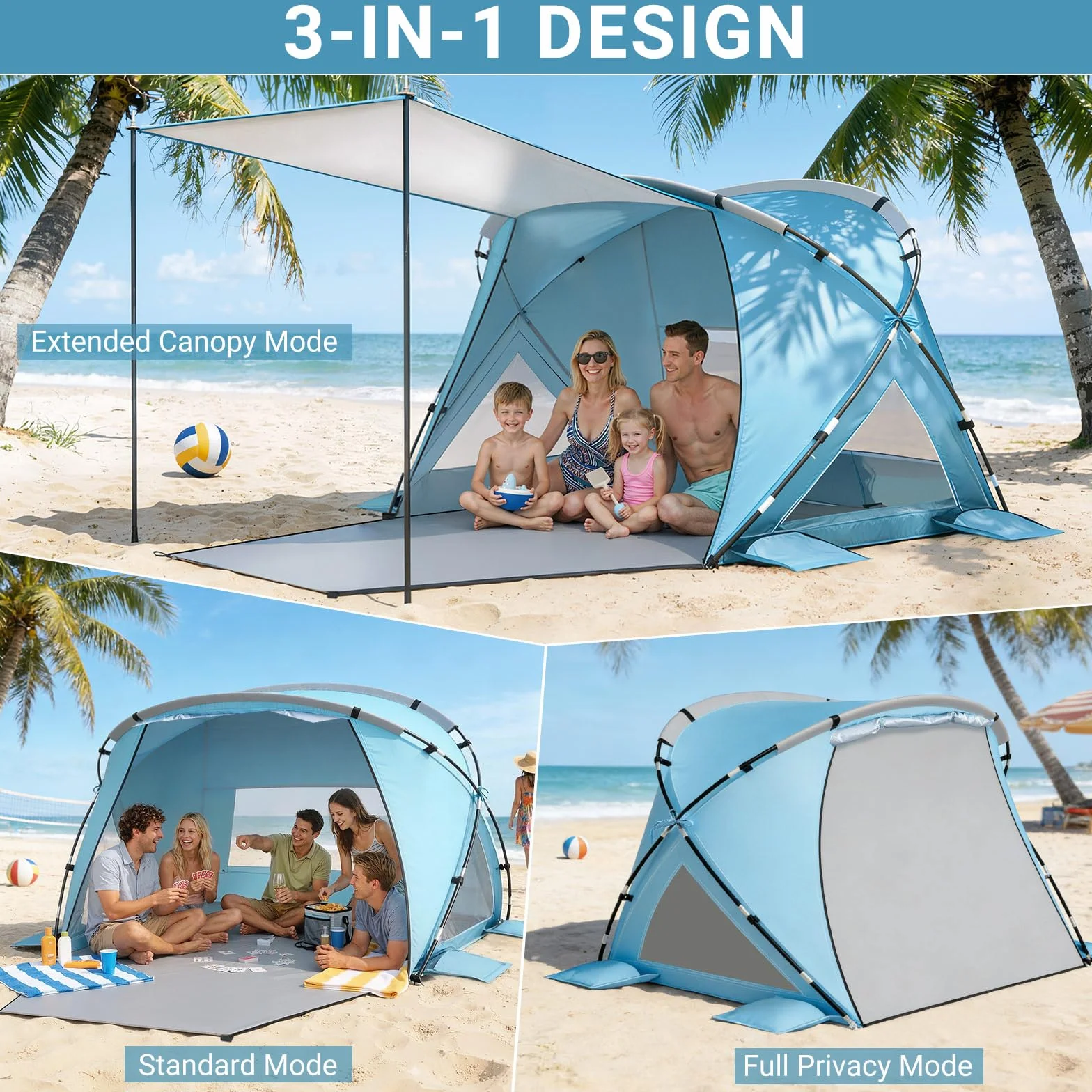 Elegear Kwadratowy namiot plażowy dla 4-6 osób, bardzo duże przestronne schronienie przeciwsłoneczne, łatwy montaż, przenośny parasol plażowy z rozszerzanym baldachimem i werandą, ochrona UV UPF 50+