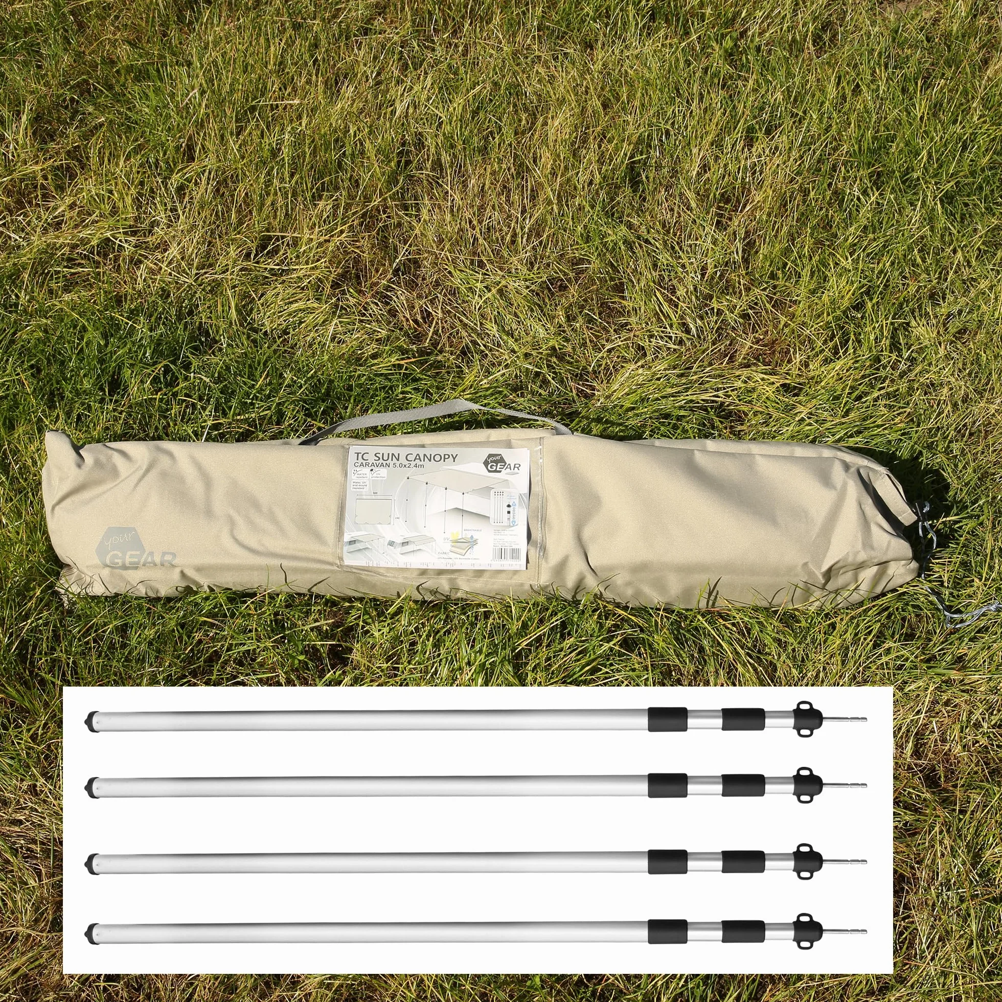 your GEAR Caravan Tarp TC dach przeciwsłoneczny do przyczepy kempingowej, wodoszczelny, bawełniany żagiel przeciwsłoneczny z UV 50+, aluminiowe drążki teleskopowe, w 5 rozmiarach (beżowy/piaskowy, 500