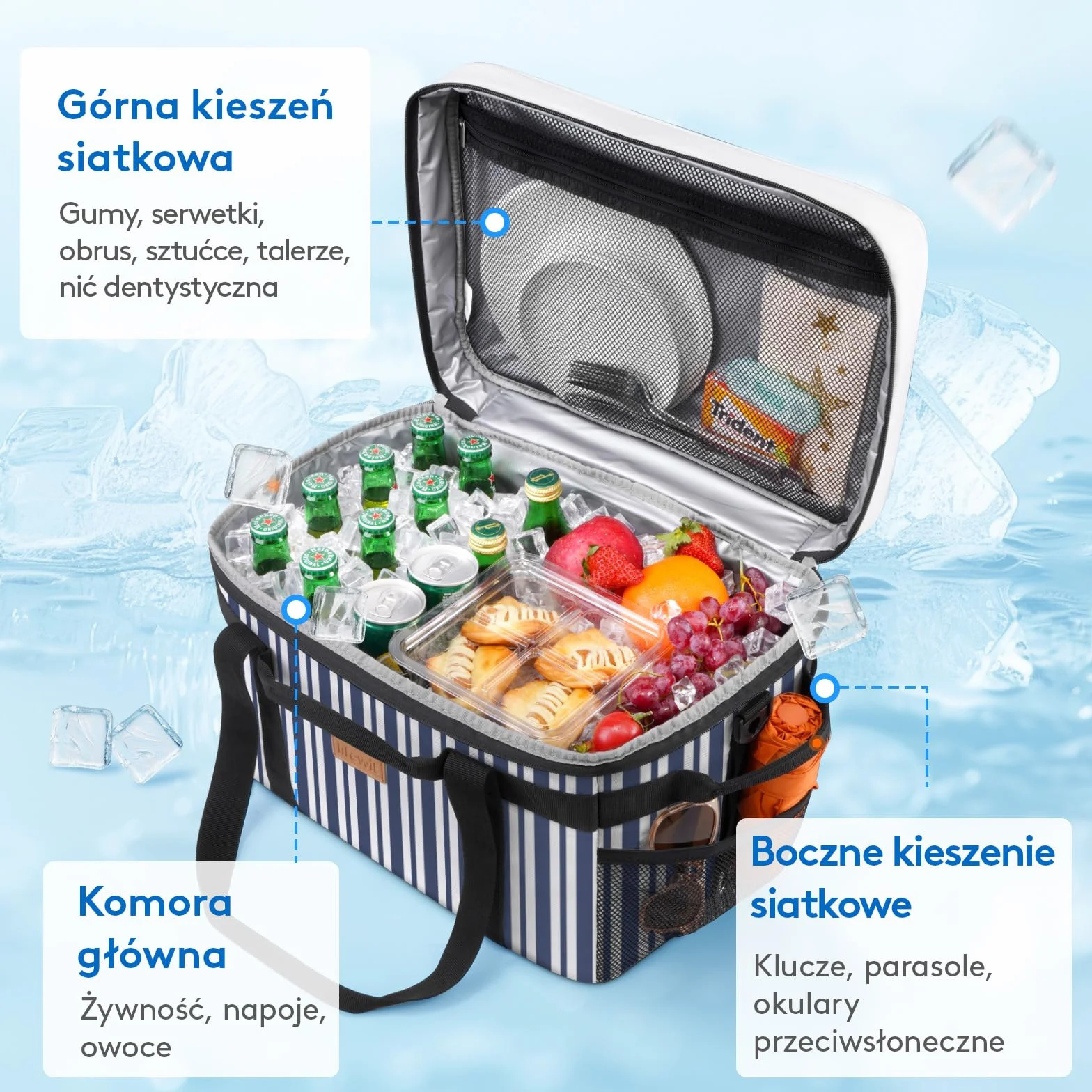 Lifewit Torba Termiczna 30L, Duża Torba na Lunch Izolowana, Lunch Box Dla Kobiet Mężczyzn, Cooler Bag Przenośna z Wieloma Uchwytami na Piknik Camping Grill, Niebiesko-szare Paski