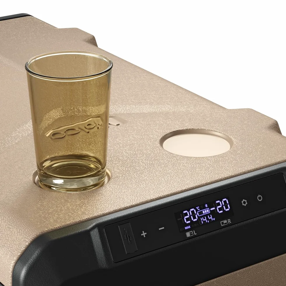 Yolco TCX50 piaskowa lodówka podróżna z kompresorem, 50 l + akumulator – Dual Zone, -20°C, 12/24 V i 230 V, aplikacja Bluetooth, lodówka i zamrażarka z rolkami, na kemping i w podróży