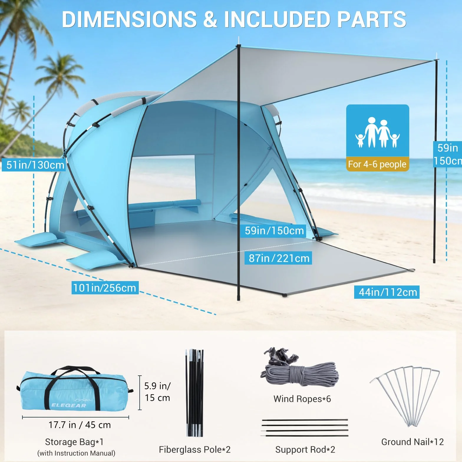 Elegear Kwadratowy namiot plażowy dla 4-6 osób, bardzo duże przestronne schronienie przeciwsłoneczne, łatwy montaż, przenośny parasol plażowy z rozszerzanym baldachimem i werandą, ochrona UV UPF 50+