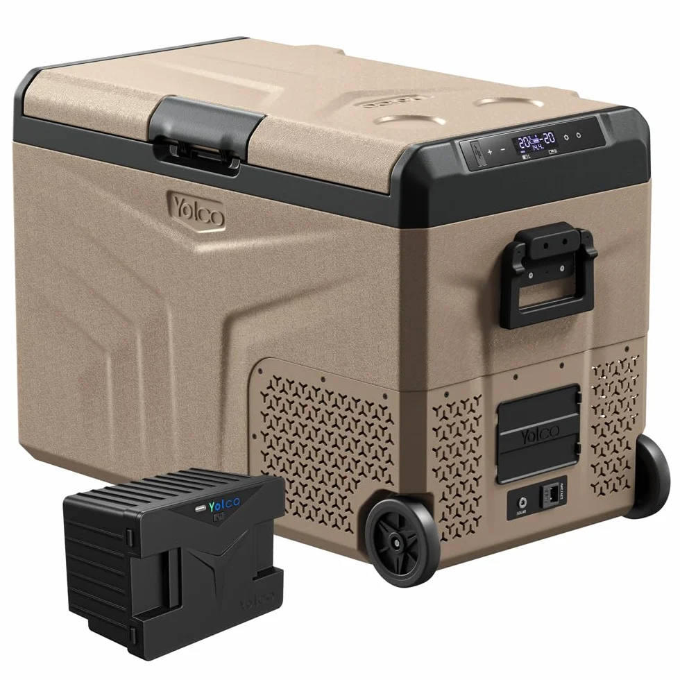 Yolco TCX50 piaskowa lodówka podróżna z kompresorem, 50 l + akumulator – Dual Zone, -20°C, 12/24 V i 230 V, aplikacja Bluetooth, lodówka i zamrażarka z rolkami, na kemping i w podróży