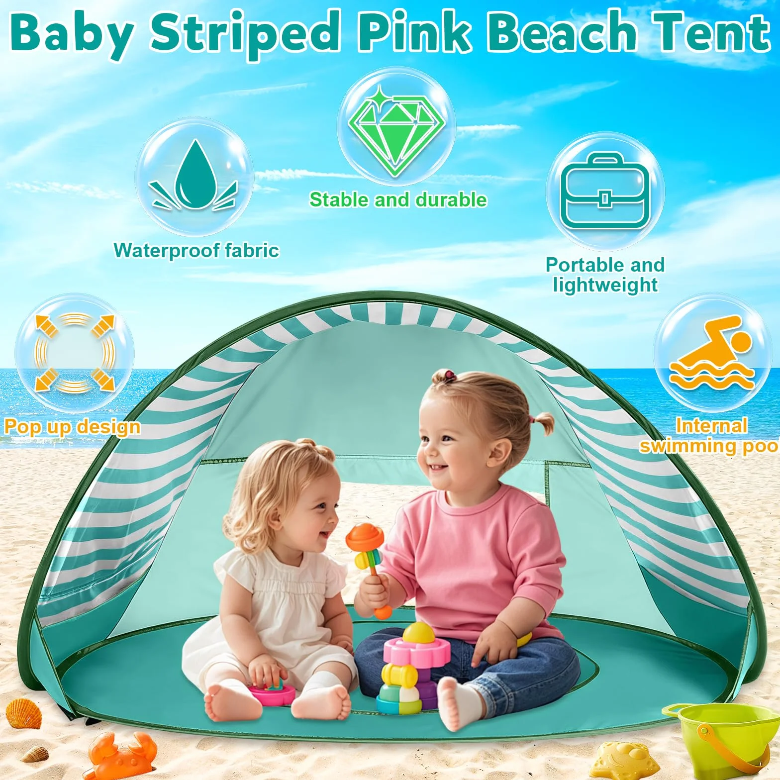 Namiot Plażowy dla Dzieci Automatyczny, Namiot Plażowy z Minibasenikiem, Ochrona UV UPF 50+, Przenośny Namiot Plażowy dla Dzieci Na Plażę, Kemping, do Ogrodu, Worek do Przechowywania w Zestawie