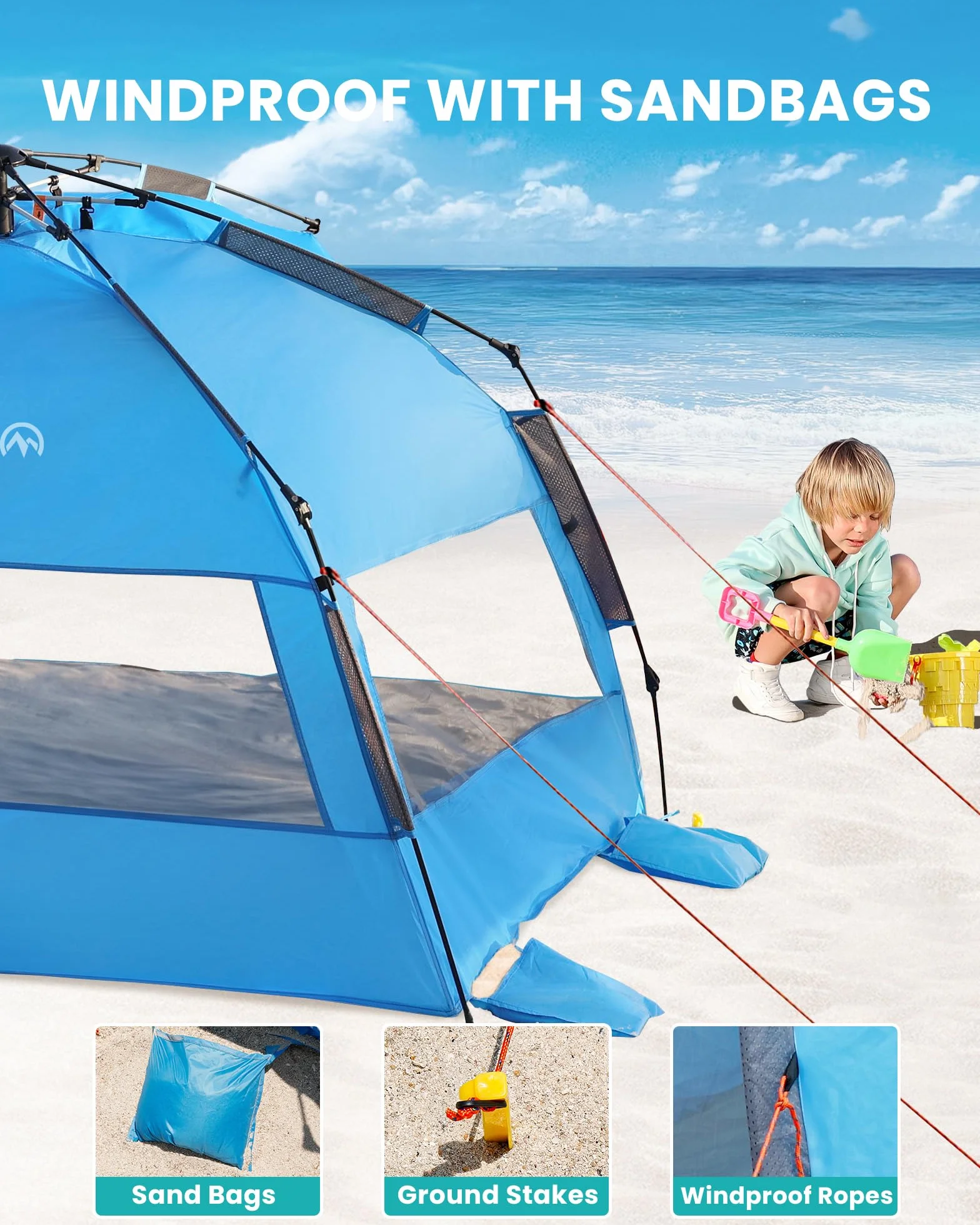 OutdoorMaster Pop Up 3-4-osobowy namiot plażowy XL, łatwy montaż, przenośny żagiel plażowy, składany żagiel przeciwsłoneczny z ochroną UV UPF 50+, zdejmowany świetlik, rozmiar rodzinny (niebieski)