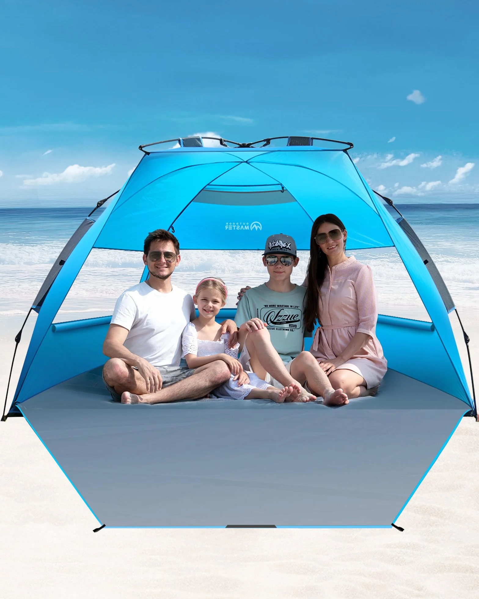 OutdoorMaster Pop Up 3-4-osobowy namiot plażowy XL, łatwy montaż, przenośny żagiel plażowy, składany żagiel przeciwsłoneczny z ochroną UV UPF 50+, zdejmowany świetlik, rozmiar rodzinny (niebieski)