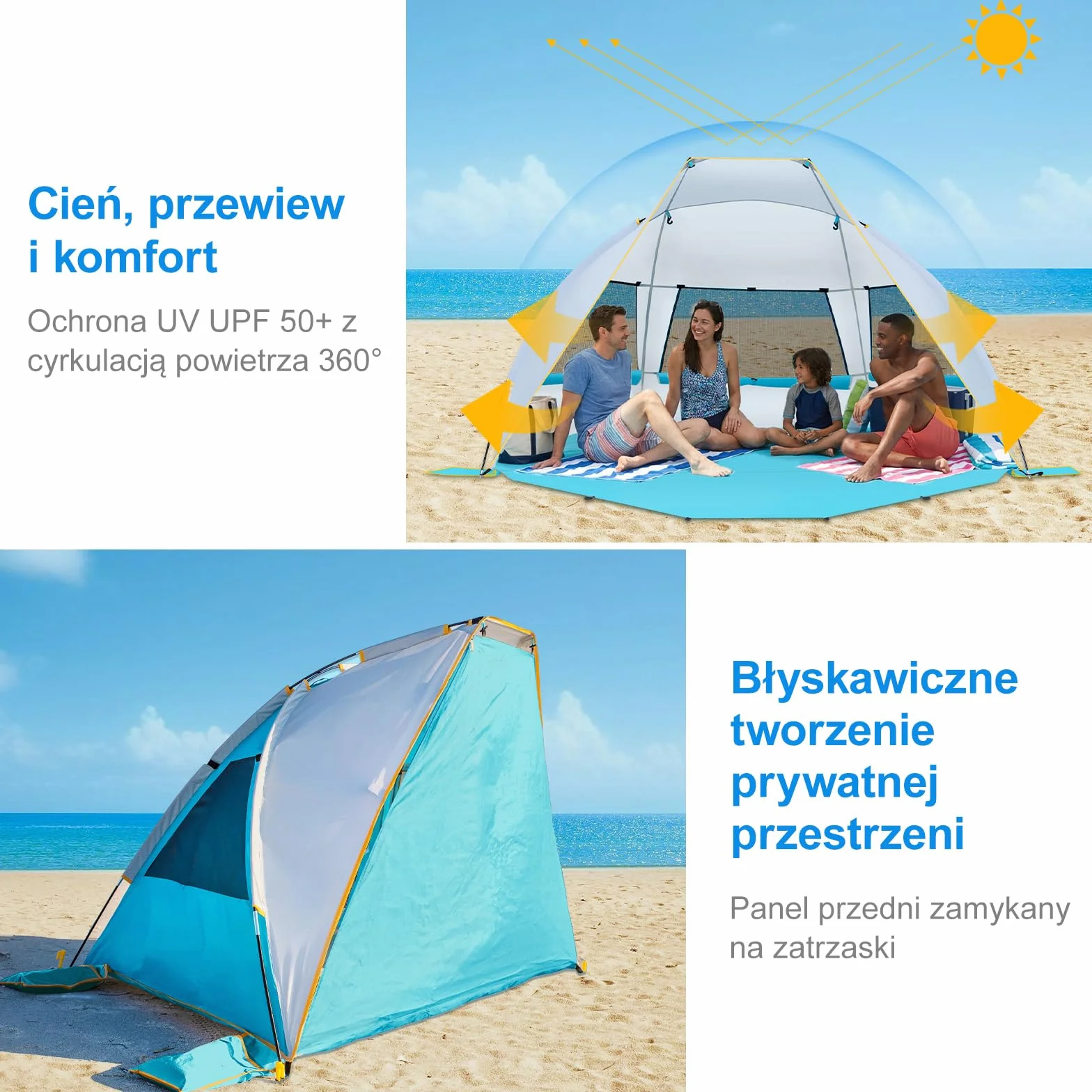 WolfWise muszla plażowa z ochroną UV 50+, namiot na plaży dla 2-3 osób, ochrona przed słońcem i wiatrem z rozszerzalnym dnem, przenośny namiot dla rodziny, kempingu, ogrodu, 210 x 115 x 125 cm (83 x