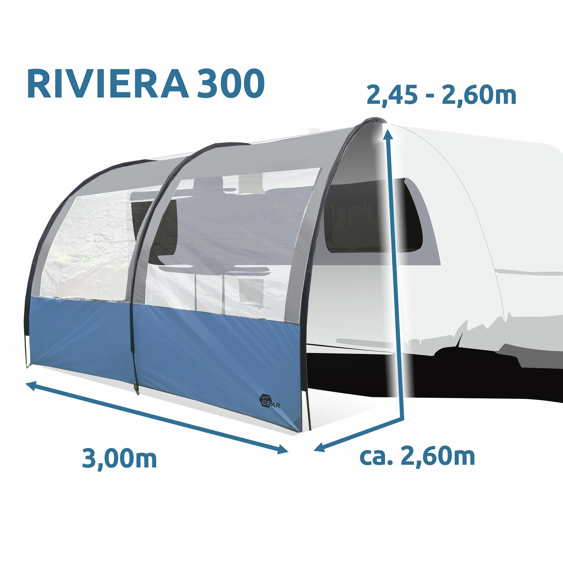 your GEAR Riviera – zadaszenie do przyczep kempingowych i kamperów w 4 rozmiarach, 2,5 m, 3 m, szerokość 3,5 m i głębokość 260 cm, dach przeciwsłoneczny z ochroną UV 50+, panoramiczne okna, słup wody