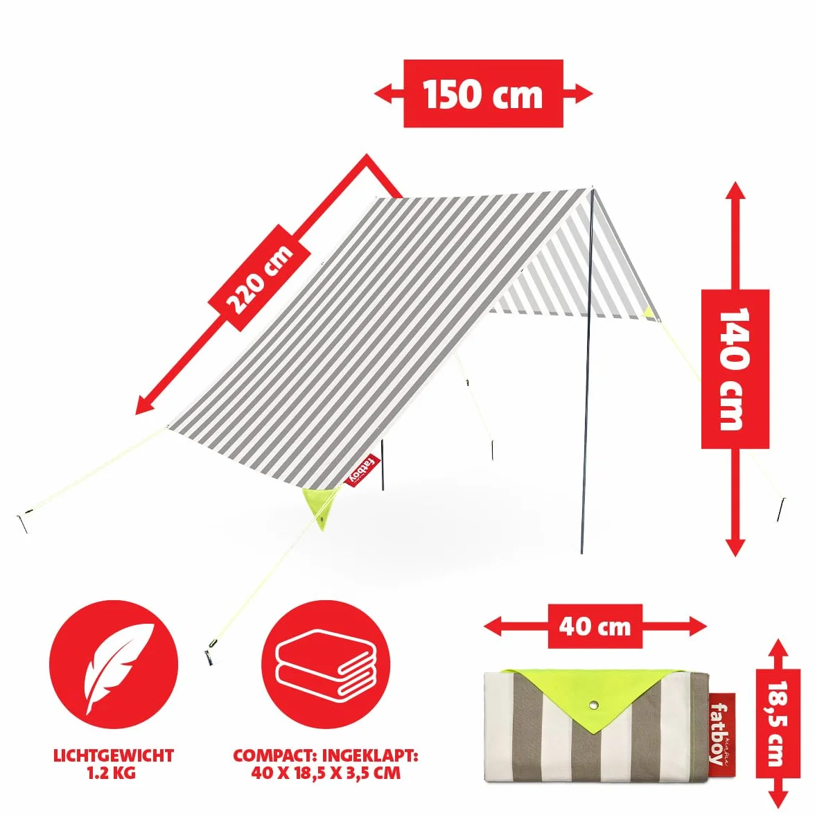 Fatboy® Miasun Multi przenośny namiot plażowy, lekki i łatwy w montażu, odporny na promieniowanie UV, 330 x 190 x 140 cm