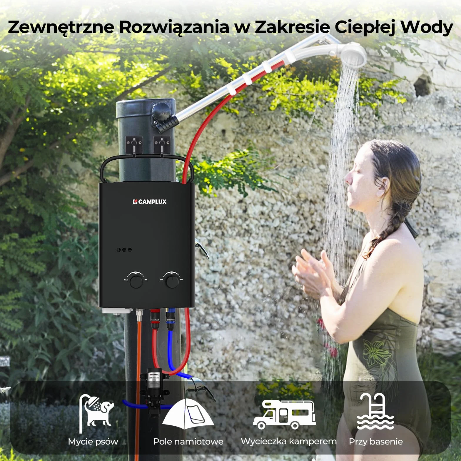 CAMPLUX AY132BP43-DE 5L Gazowy Podgrzewacz Wody z Pompką Wodną 12V, 10kW