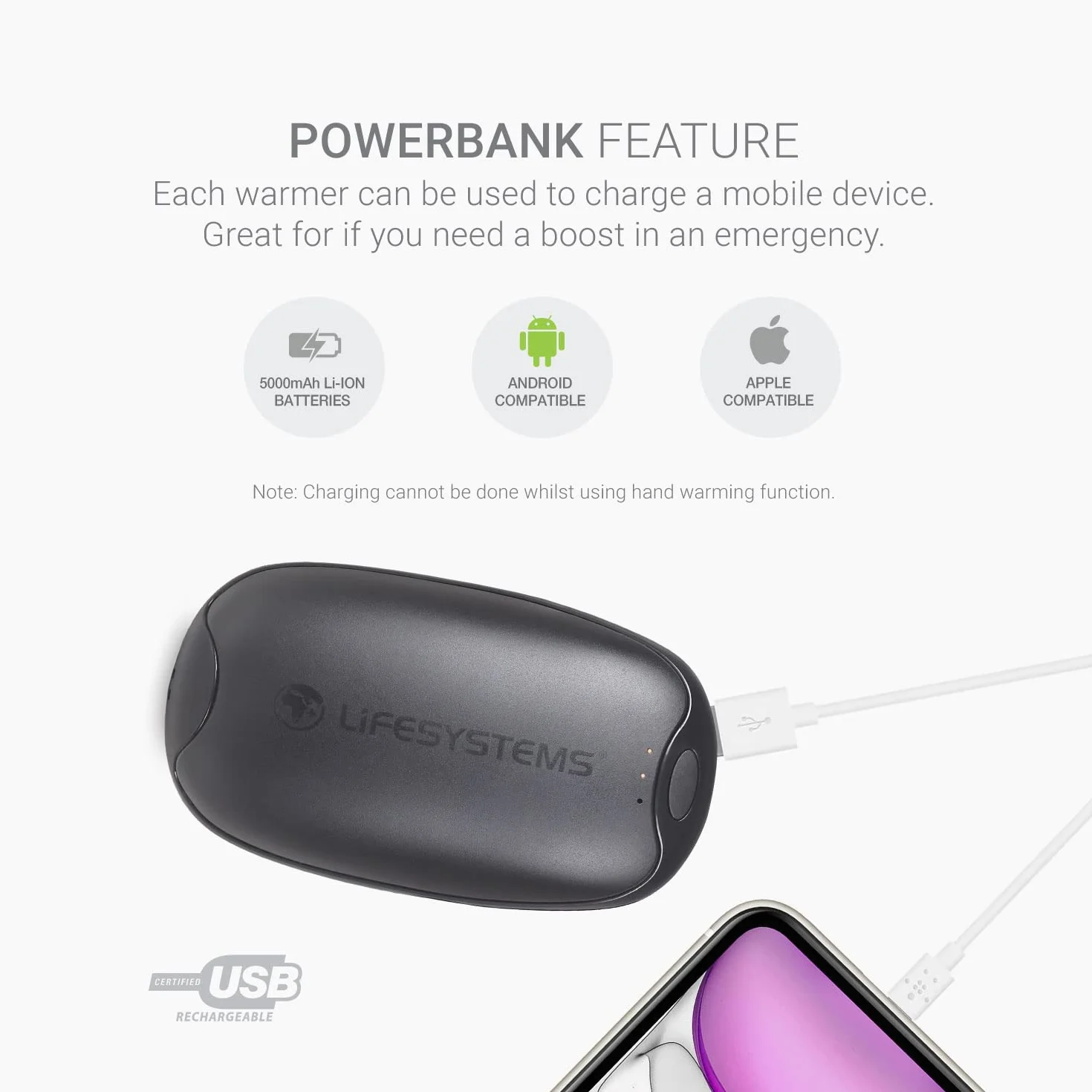 Lifesystems Dwupak dwupakowy ogrzewacz do rąk z funkcją Power Bank, USB i USB C, 2 x 5000 mAh, 3 ustawienia ogrzewania, ciepło do 9 godzin