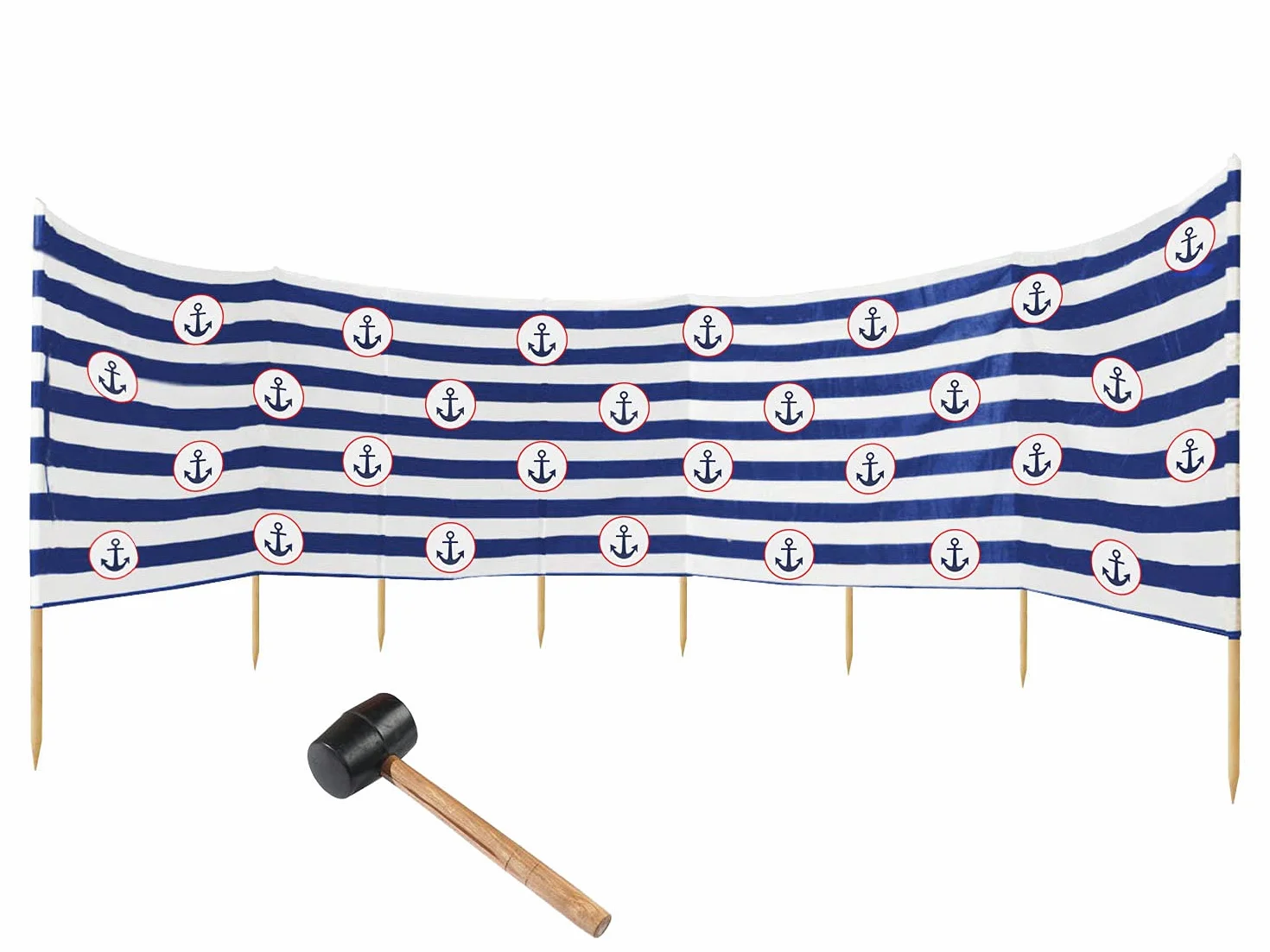 Ferocity Ochrona przed wiatrem o długości 10 m, ochrona prywatności na plażę, do ogrodu, nad morze, przed wiatrem, ochrona przed spojrzeniami + gumowy młotek gratis, niebiesko-białe paski, kotwica