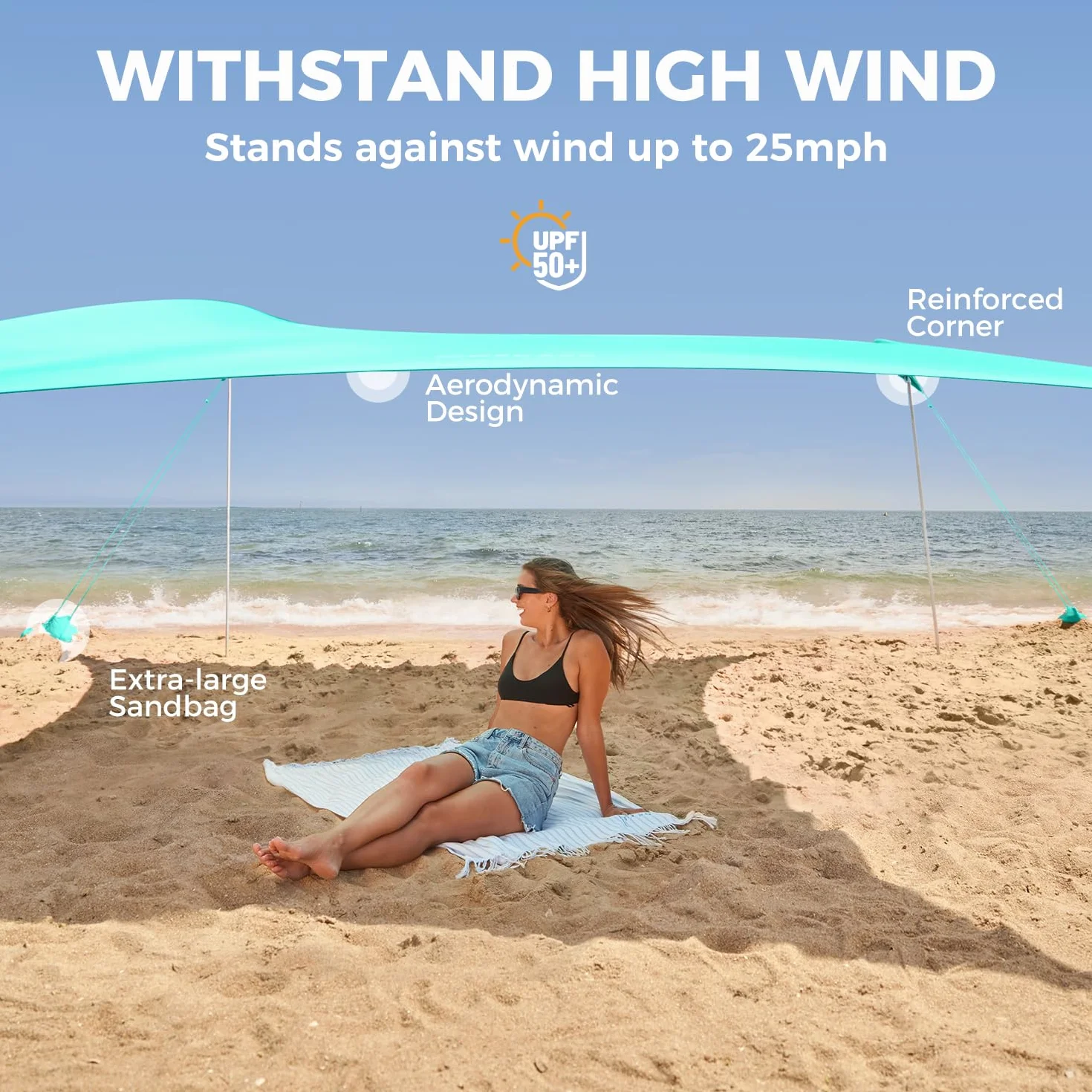 WEKAPO Namiot plażowy schronienie przeciwsłoneczne, 20 x 200 cm zadaszenie plażowe z 4 wydłużonymi drążkami, 160 cm wysokości, na wakacje, osłona przeciwsłoneczna dla rodziny i na kemping, ochrona UPF