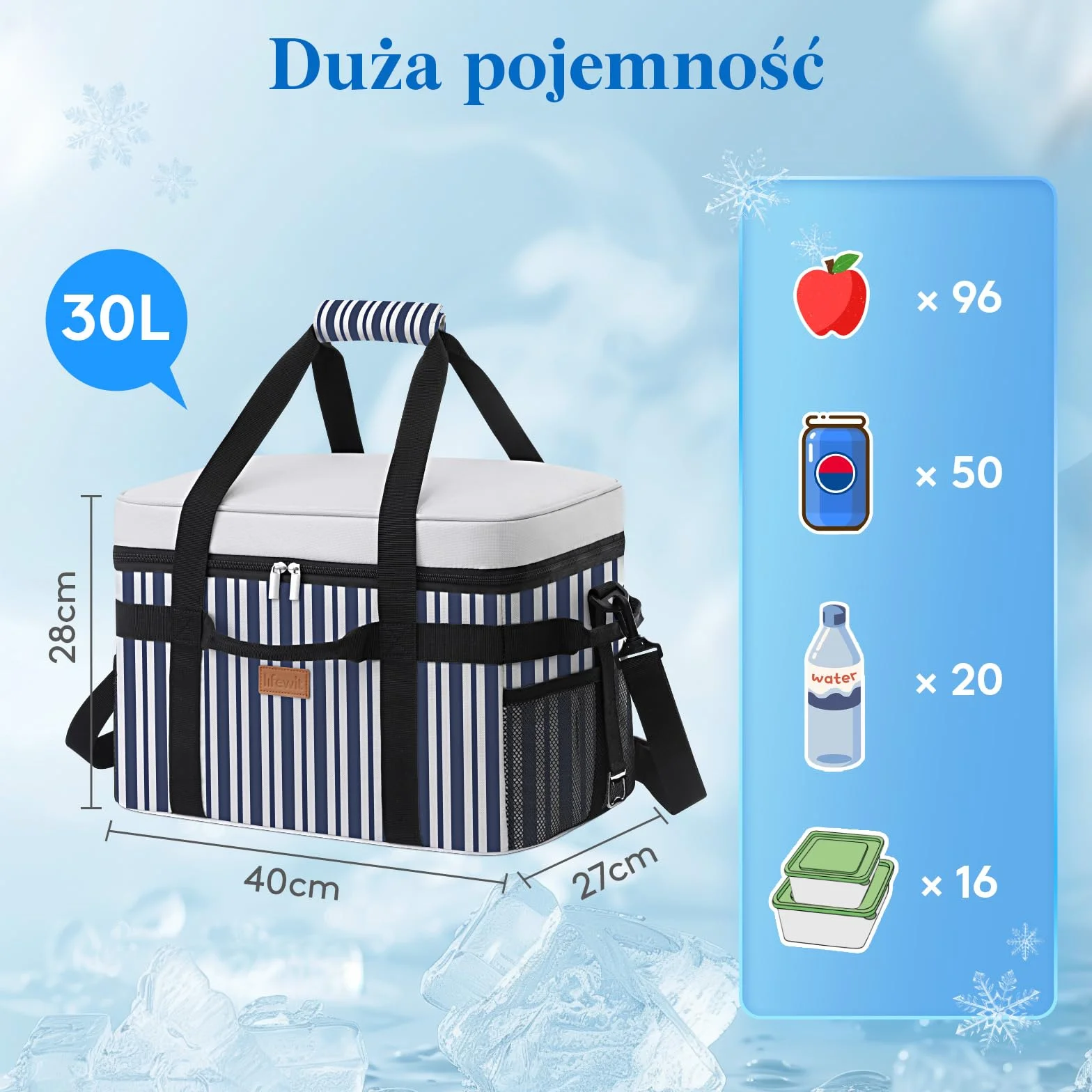 Lifewit Torba Termiczna 30L, Duża Torba na Lunch Izolowana, Lunch Box Dla Kobiet Mężczyzn, Cooler Bag Przenośna z Wieloma Uchwytami na Piknik Camping Grill, Niebiesko-szare Paski