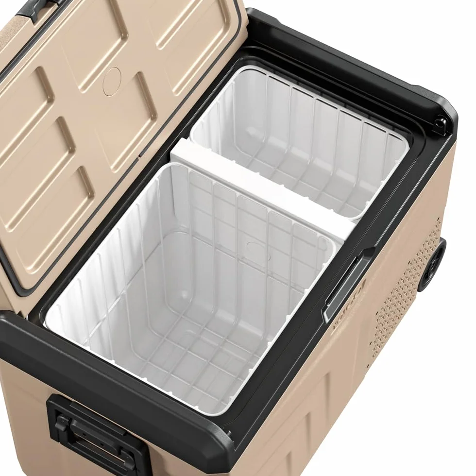 Yolco TCX50 piaskowa lodówka podróżna z kompresorem, 50 l + akumulator – Dual Zone, -20°C, 12/24 V i 230 V, aplikacja Bluetooth, lodówka i zamrażarka z rolkami, na kemping i w podróży