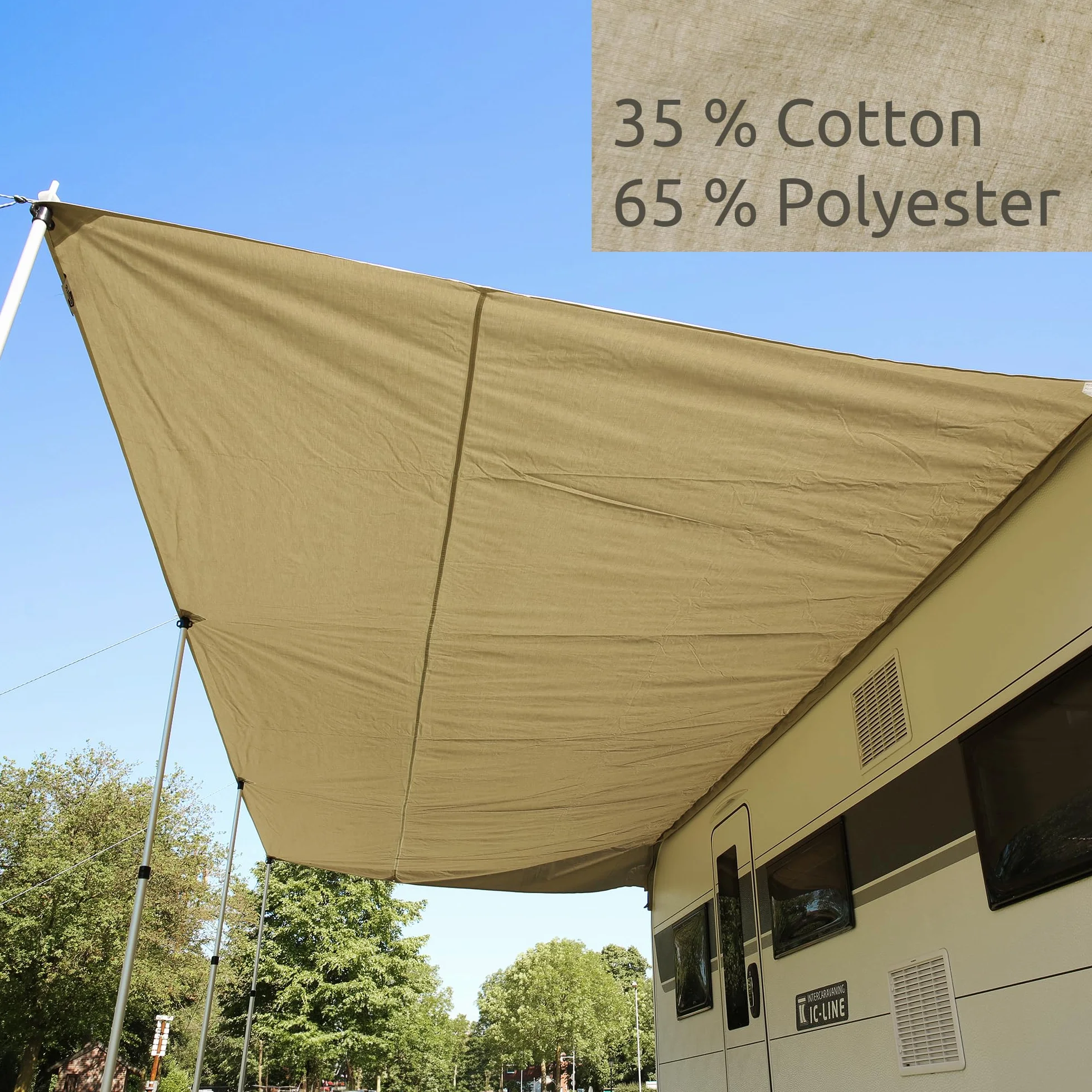 your GEAR Caravan Tarp TC dach przeciwsłoneczny do przyczepy kempingowej, wodoszczelny, bawełniany żagiel przeciwsłoneczny z UV 50+, aluminiowe drążki teleskopowe, w 5 rozmiarach (beżowy/piaskowy, 500