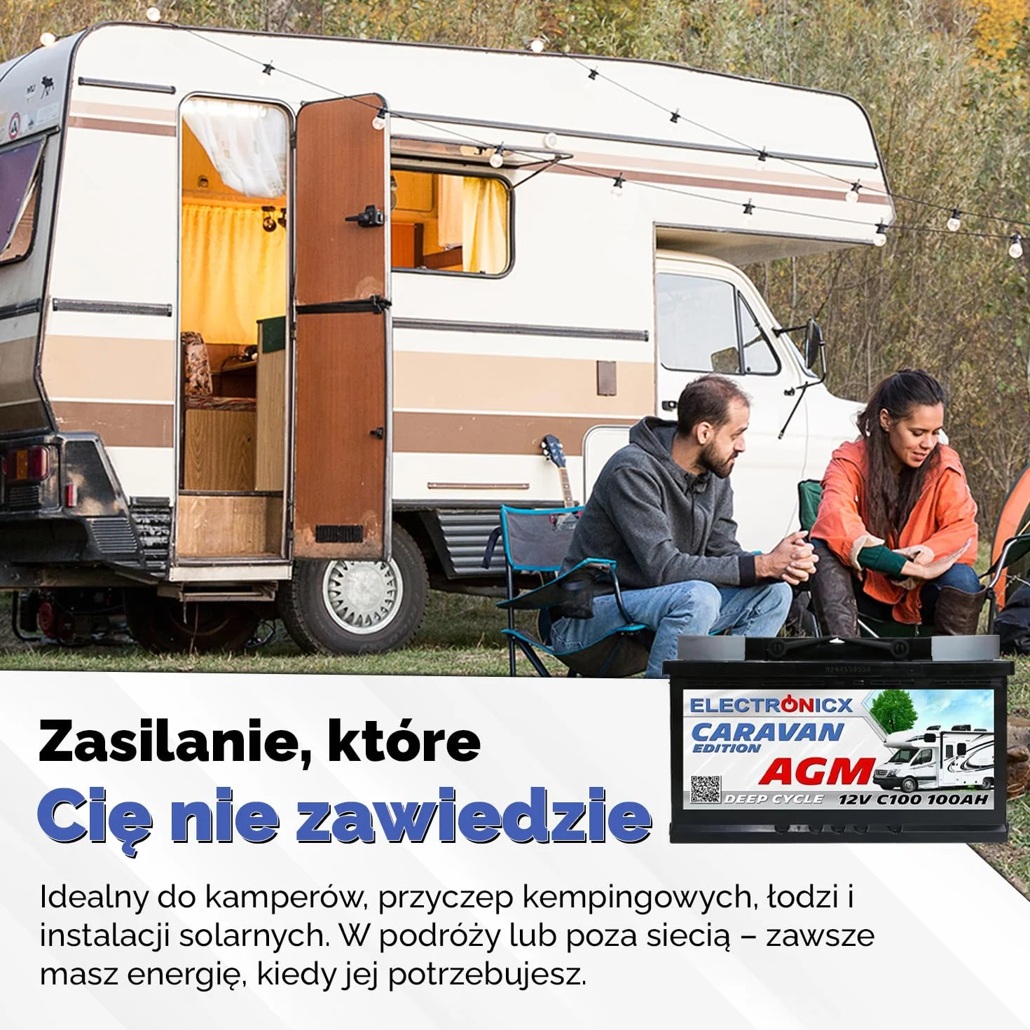 Electronicx AGM CARAVAN akumulator zasilający 12V 100Ah / 100 Ah Deep Cycle – zamknięty, biegun dodatni po prawej stronie-do kampera,systemów solarnych-akumulator cykliczny do zastosowań rekreacyjnych