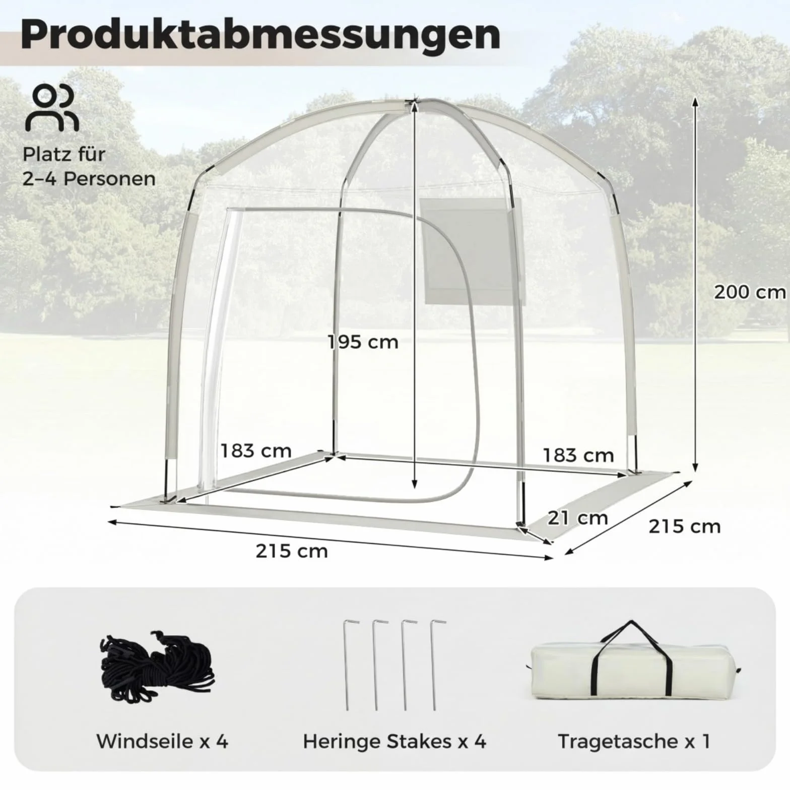 COSTWAY Przezroczysty namiot 215 x 215 cm, odporny na warunki atmosferyczne namiot sportowy ze śledziami, napinaczem wiatru i torbą do przenoszenia, namiot Bubble dla 2-4 osób, namiot kempingowy z