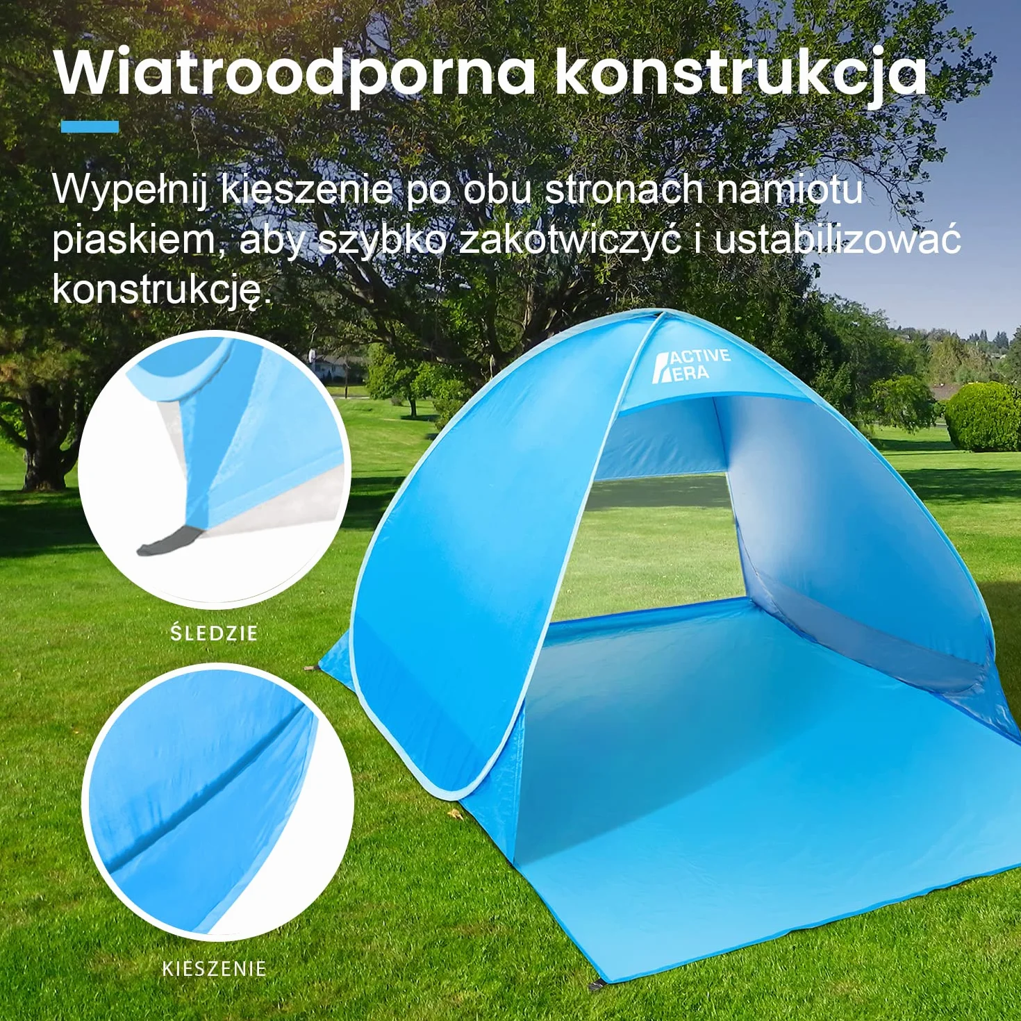 Active Era Namiot Plażowy Pop-Up, Samorozkładający, 2 3 Osobowy, Ogrodowy Dla Dzieci Na Plażę Dorosłych, Kempingowy Rozkładany Lekki Przeciwsłoneczny UPF 50+, z Moskitierą, Osłona przed Promieniowaniem, Niebieski