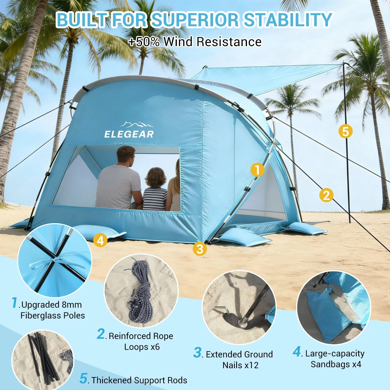 Elegear Kwadratowy namiot plażowy dla 4-6 osób, bardzo duże przestronne schronienie przeciwsłoneczne, łatwy montaż, przenośny parasol plażowy z rozszerzanym baldachimem i werandą, ochrona UV UPF 50+