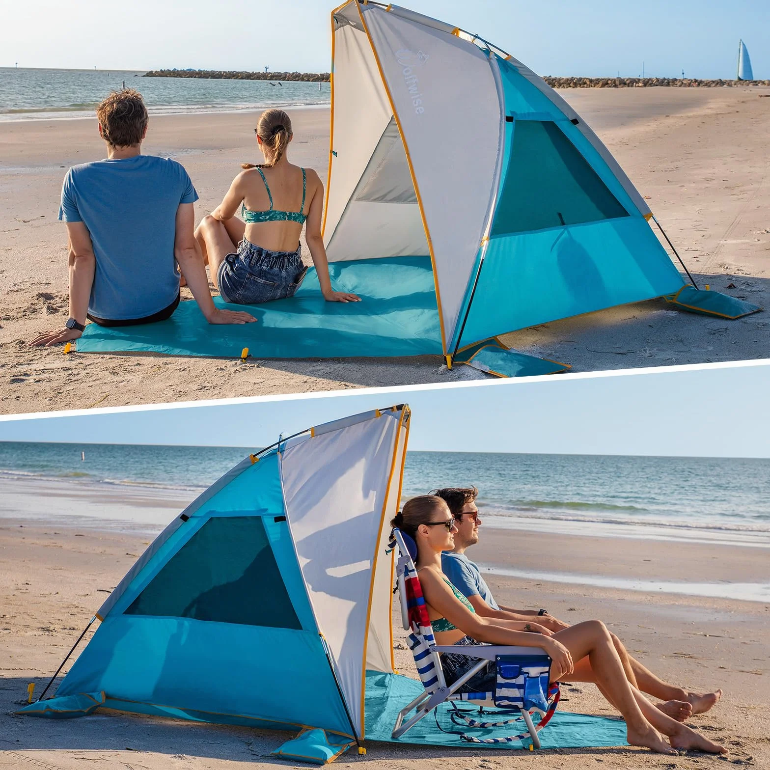 WolfWise muszla plażowa z ochroną UV 50+, namiot na plaży dla 2-3 osób, ochrona przed słońcem i wiatrem z rozszerzalnym dnem, przenośny namiot dla rodziny, kempingu, ogrodu, 210 x 115 x 125 cm (83 x