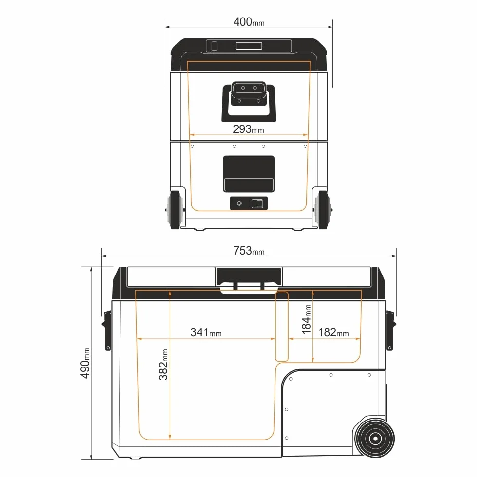 Yolco TCX50 piaskowa lodówka podróżna z kompresorem, 50 l + akumulator – Dual Zone, -20°C, 12/24 V i 230 V, aplikacja Bluetooth, lodówka i zamrażarka z rolkami, na kemping i w podróży