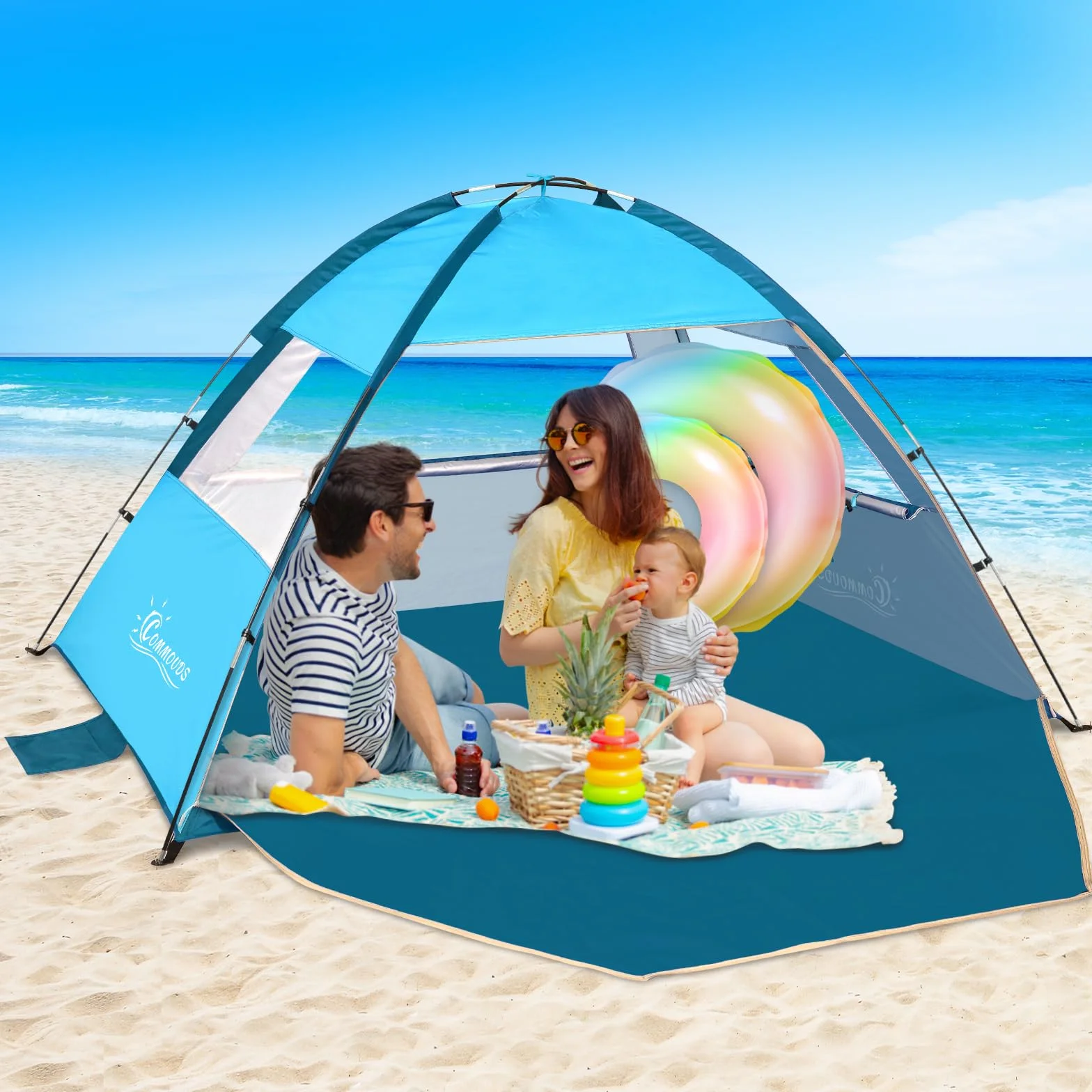 COMMOUDS Namiot Plażowy Dla 3-4 Osób, Rodzinny Namiot Plażowy UPF 50+, Lekki, Łatwy Montaż i Przenoszenie, Schronienie Na Imprezy, Namiot Przeciwsłoneczny, Na Plażę, Kemping, Wędkowanie