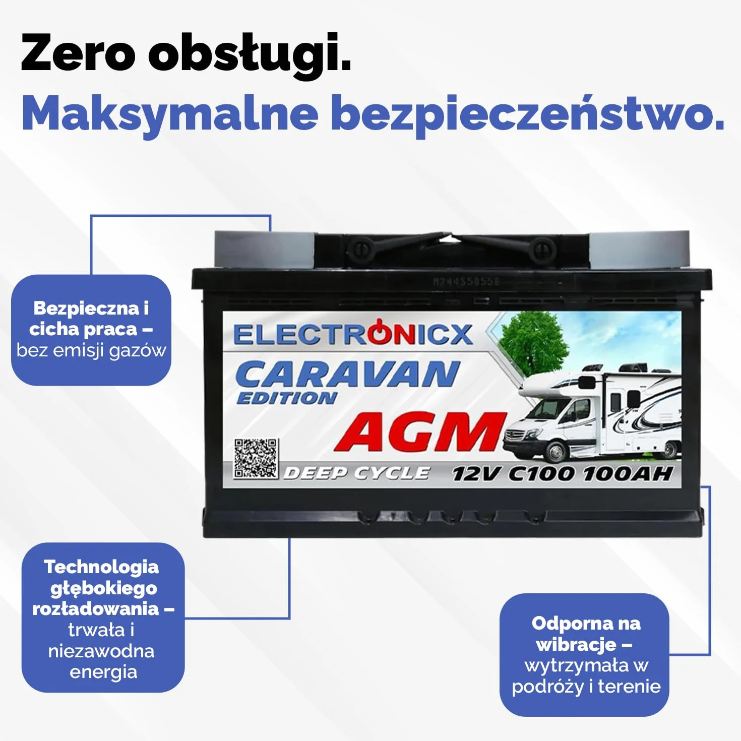 Electronicx AGM CARAVAN akumulator zasilający 12V 100Ah / 100 Ah Deep Cycle – zamknięty, biegun dodatni po prawej stronie-do kampera,systemów solarnych-akumulator cykliczny do zastosowań rekreacyjnych