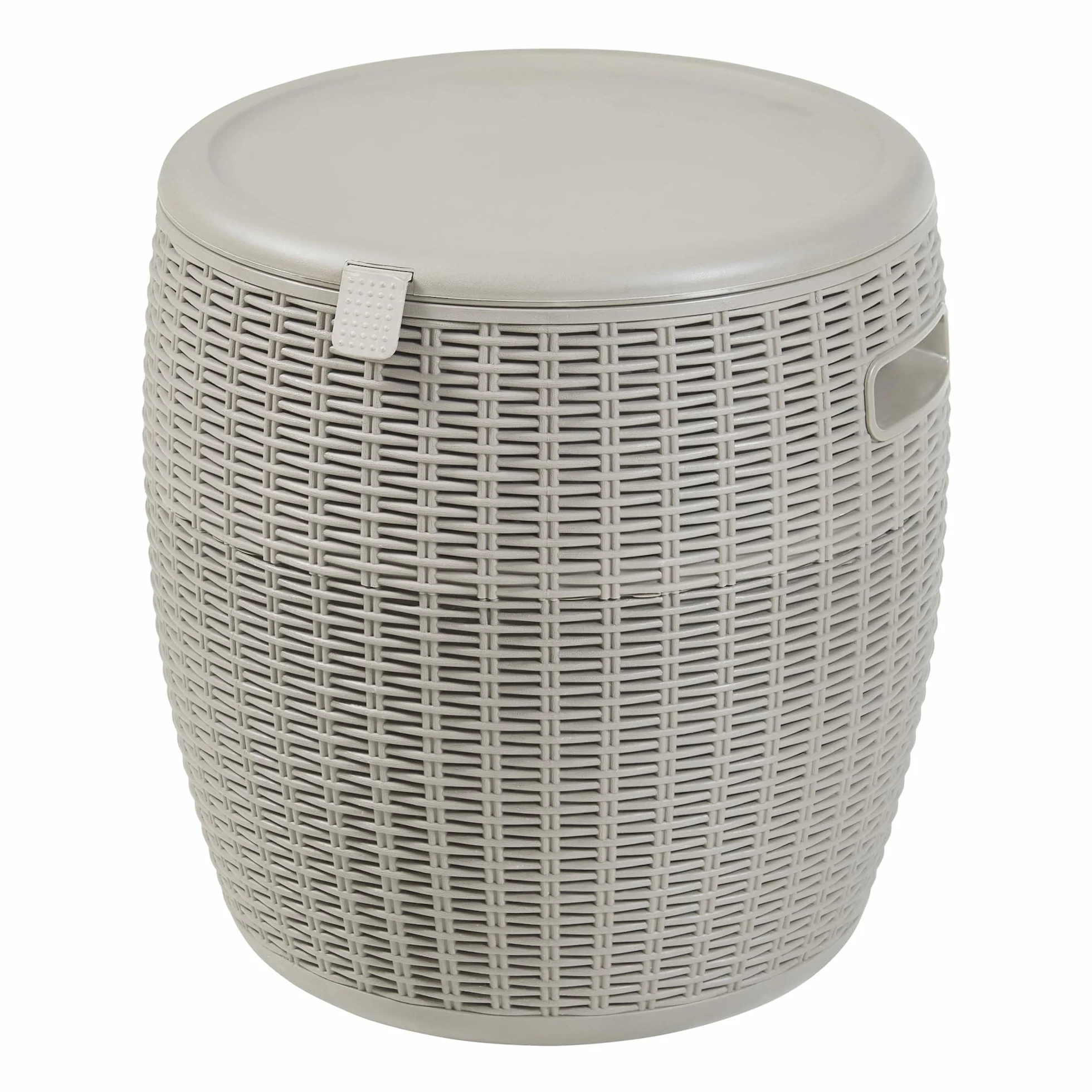 casa.pro Skrzynka chłodnicza Avetrana 4-w-1 stół pomocniczy na zewnątrz, stołek, 37 L, skrzynka ogrodowa, 44 x Ø40 cm, chłodzi napoje, stół ogrodowy, imitacja rattanu, jasnobrązowa
