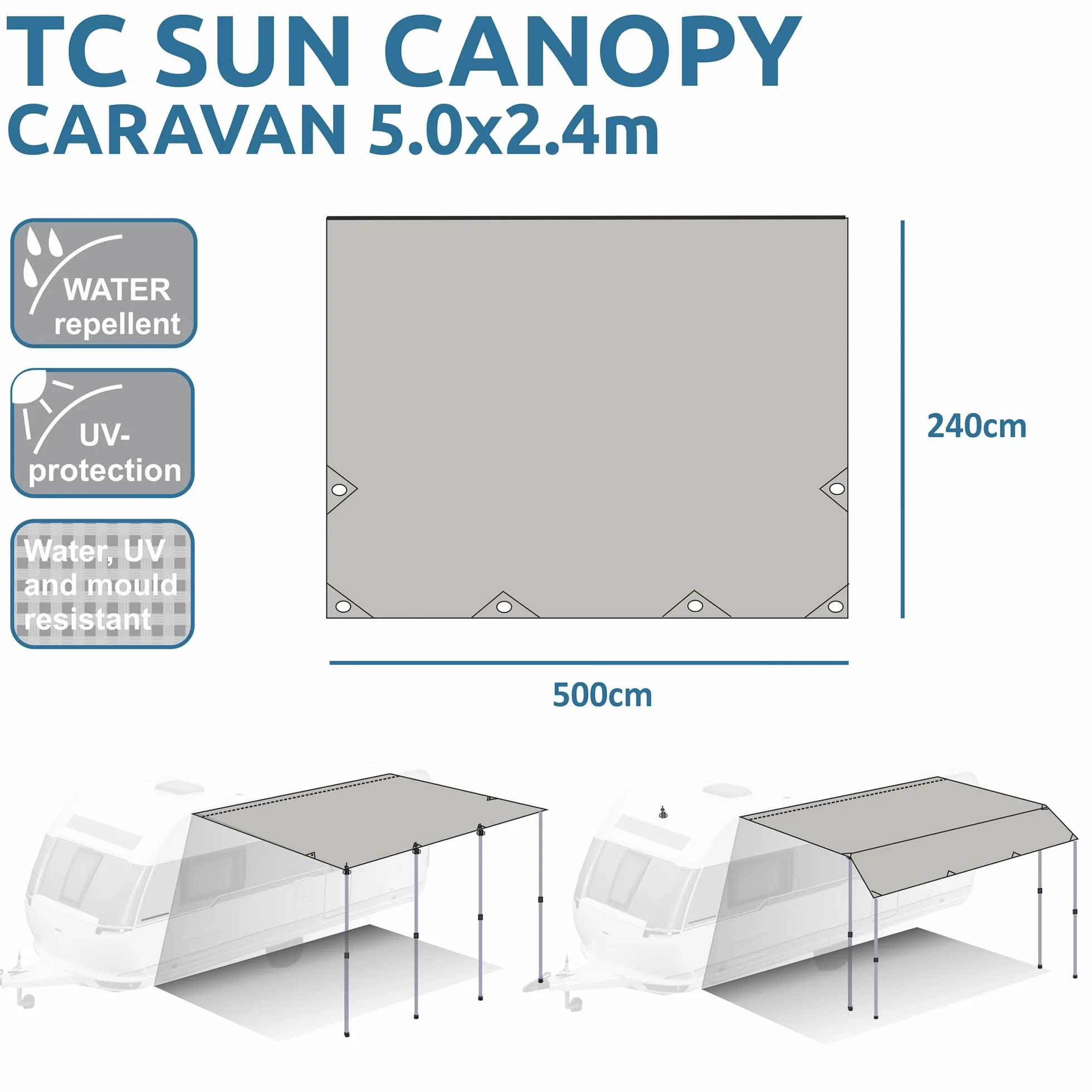 your GEAR Caravan Tarp TC dach przeciwsłoneczny do przyczepy kempingowej, wodoszczelny, bawełniany żagiel przeciwsłoneczny z UV 50+, aluminiowe drążki teleskopowe, w 5 rozmiarach (beżowy/piaskowy, 500