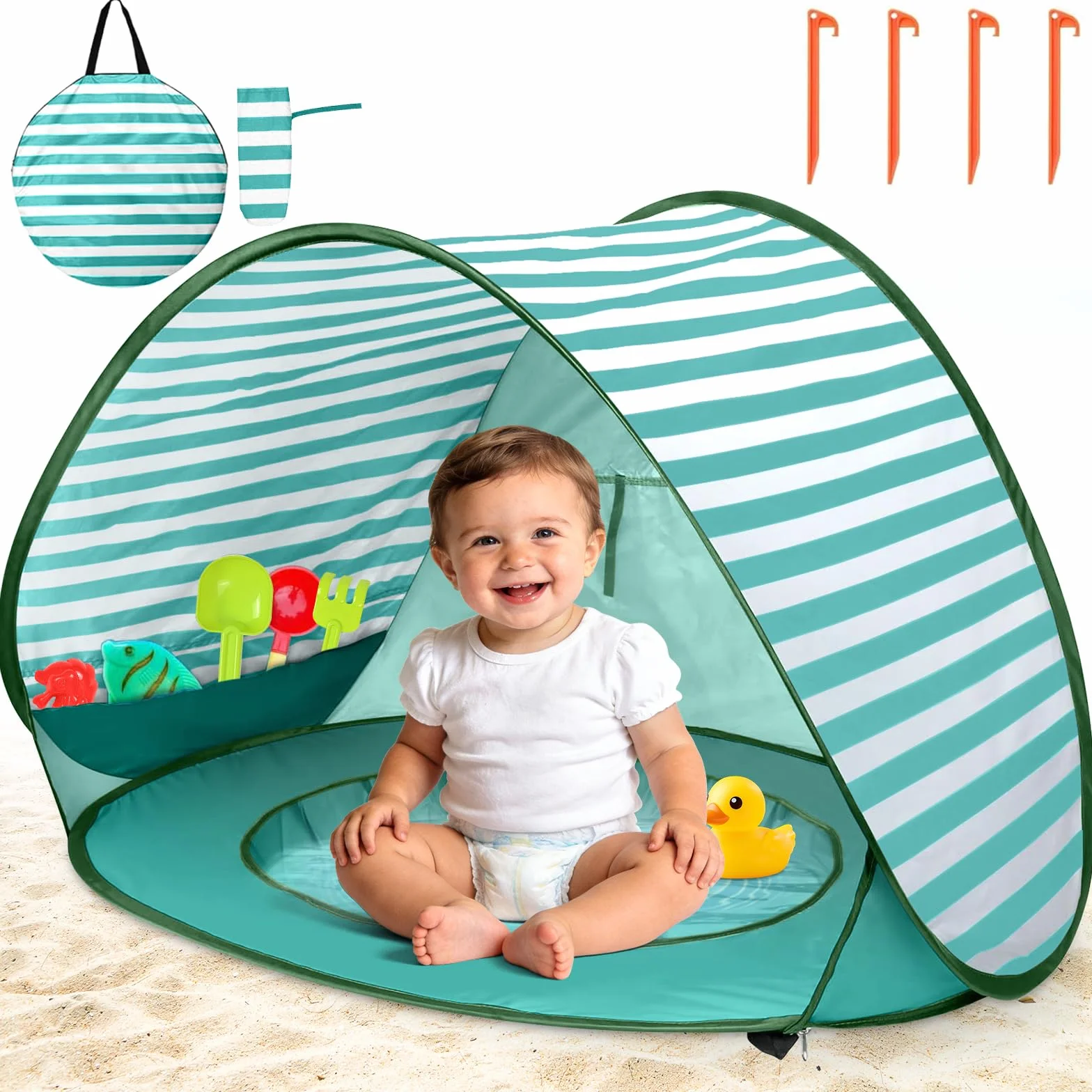 Namiot Plażowy dla Dzieci Automatyczny, Namiot Plażowy z Minibasenikiem, Ochrona UV UPF 50+, Przenośny Namiot Plażowy dla Dzieci Na Plażę, Kemping, do Ogrodu, Worek do Przechowywania w Zestawie