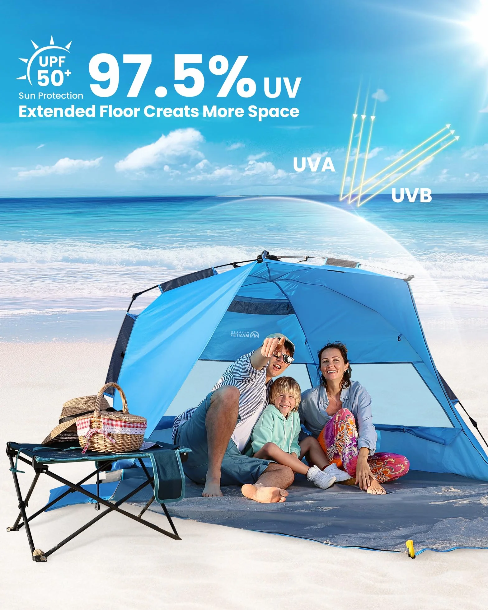 OutdoorMaster Pop Up 3-4-osobowy namiot plażowy XL, łatwy montaż, przenośny żagiel plażowy, składany żagiel przeciwsłoneczny z ochroną UV UPF 50+, zdejmowany świetlik, rozmiar rodzinny (niebieski)