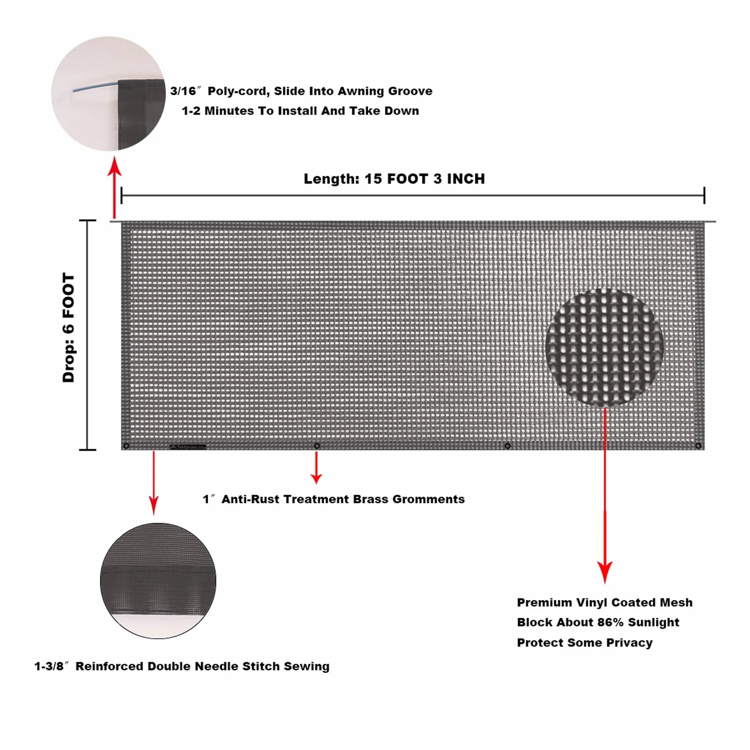 Tentproinc Osłona przeciwsłoneczna do kampera 15 cm x 30 cm - brązowa siatka blokująca promienie UV, kompletne zestawy, do kampera, przyczepy kempingowej, markiza, zadaszenie, schronienie, 3 lata
