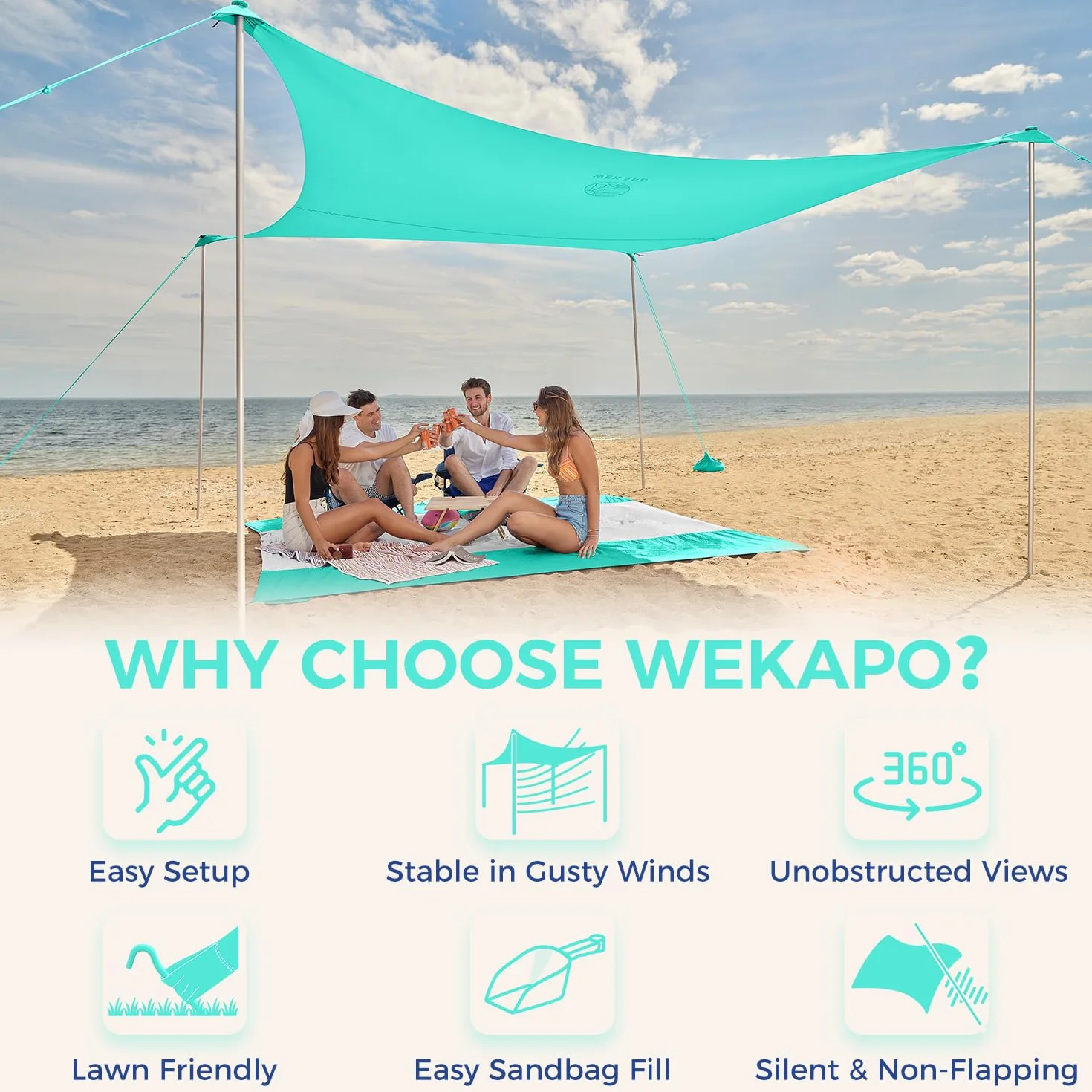 WEKAPO Namiot plażowy schronienie przeciwsłoneczne, 20 x 200 cm zadaszenie plażowe z 4 wydłużonymi drążkami, 160 cm wysokości, na wakacje, osłona przeciwsłoneczna dla rodziny i na kemping, ochrona UPF