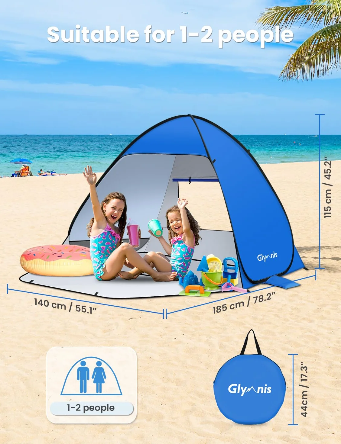 Glymnis Namiot plażowy typu pop-up dla 1-2 (S) osoba, automatyczny, przenośny namiot przeciwsłoneczny, UPF 50+, ochrona przed promieniowaniem UV, wiatroszczelny, plażowy, schronienie przed słońcem z przedłużonymi drzwiami z zamkiem błyskawicznym, namiot p