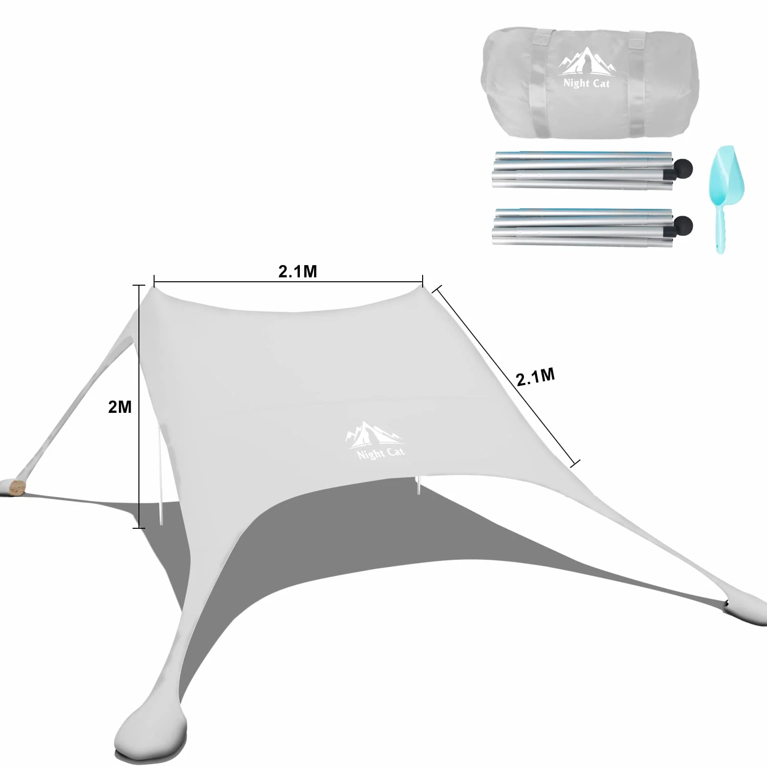 Night Cat Beach Tent Shade Sail UPF 50+ UV Protection, Sand Anchor Aluminium Poles for Beach Park Backyard